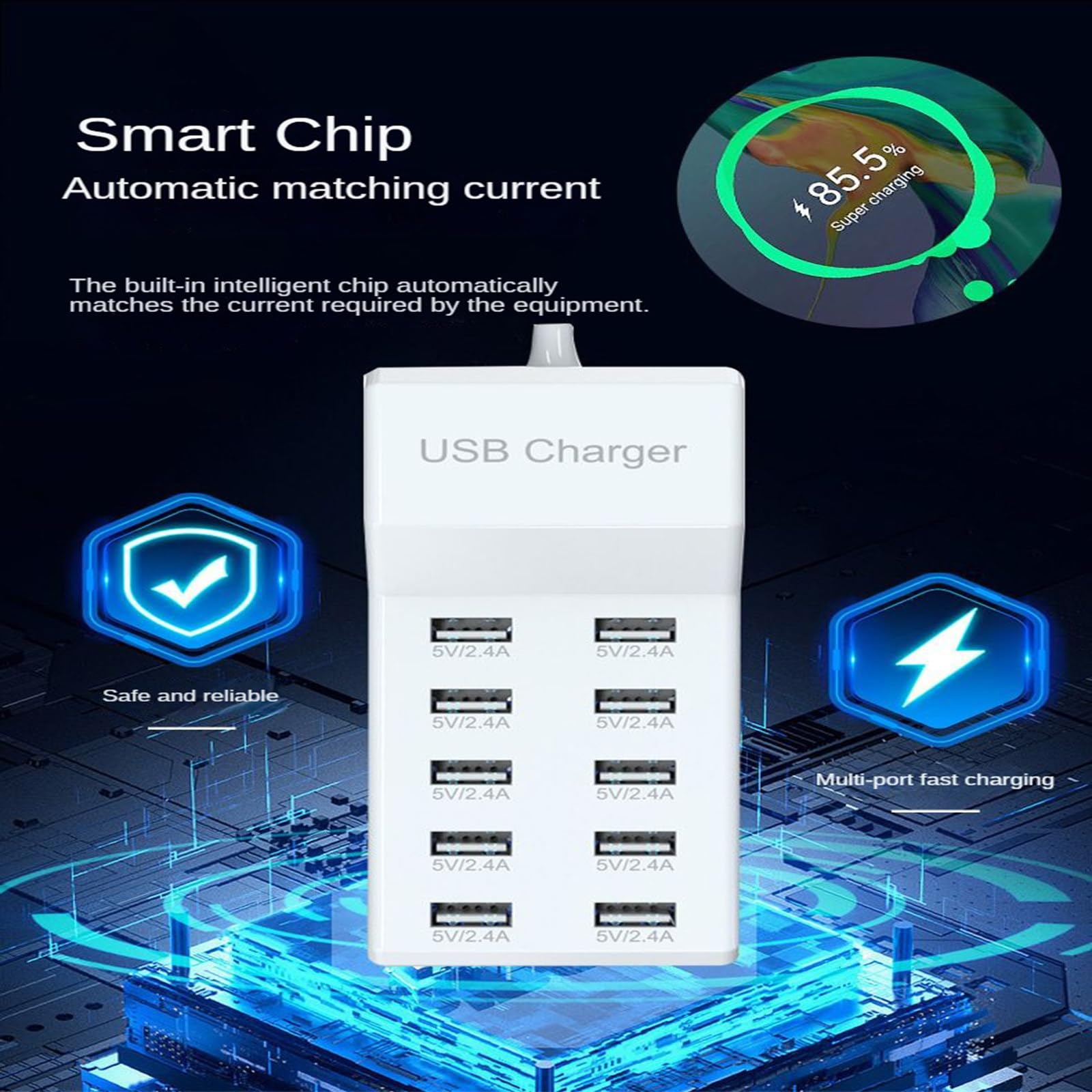 10-portowa ładowarka USB Multi-Port 5V2.4A 10-portowa ładowarka do telefonu komórkowego Pile Row Plug 40W stacja ładująca szybkie ładowanie, B