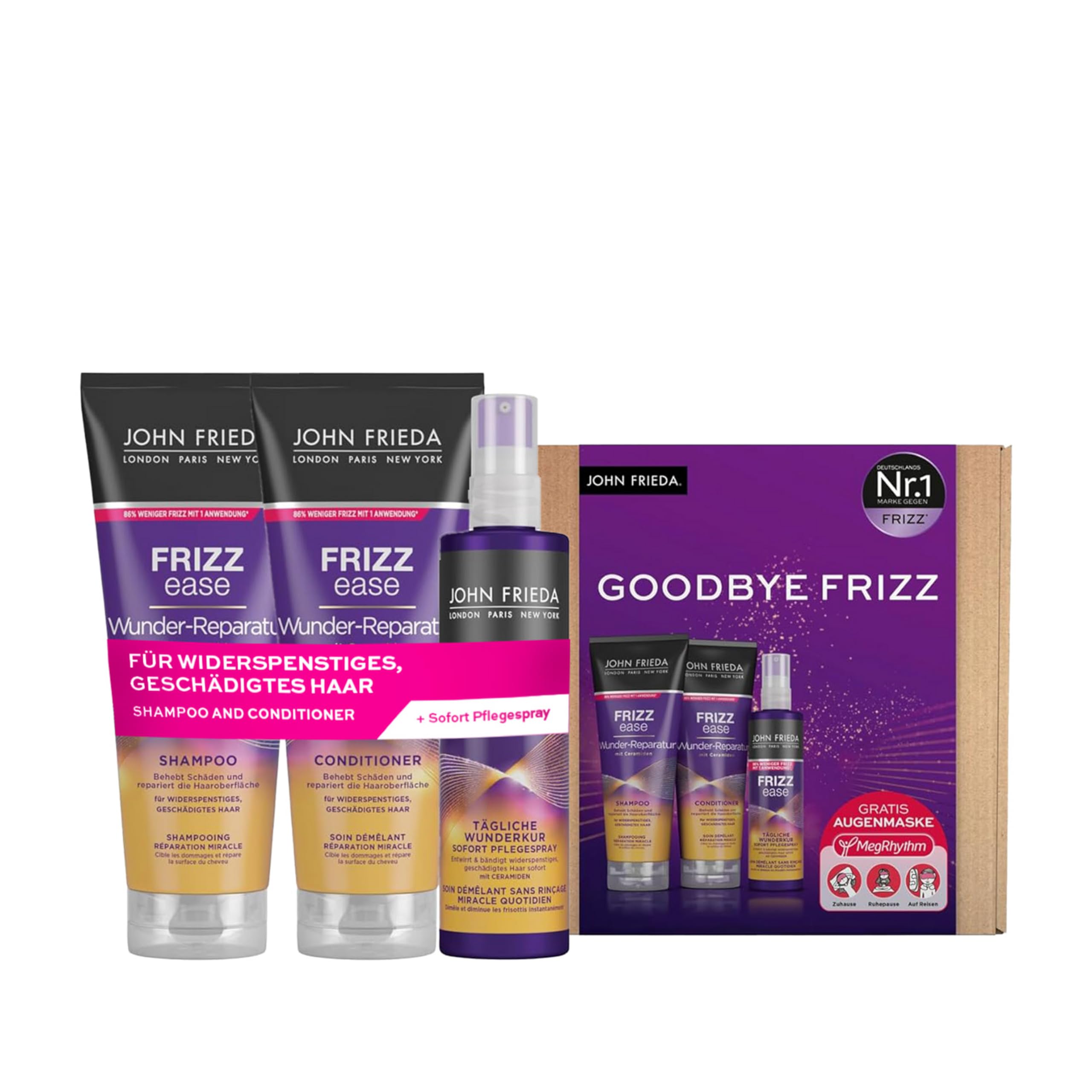John Frieda Frizz Ease Wunder 4-częściowy zestaw naprawczy – szampon, odżywka, spray do pielęgnacji i maska na oczy MegRhythm – program dobrego samopoczucia do domu