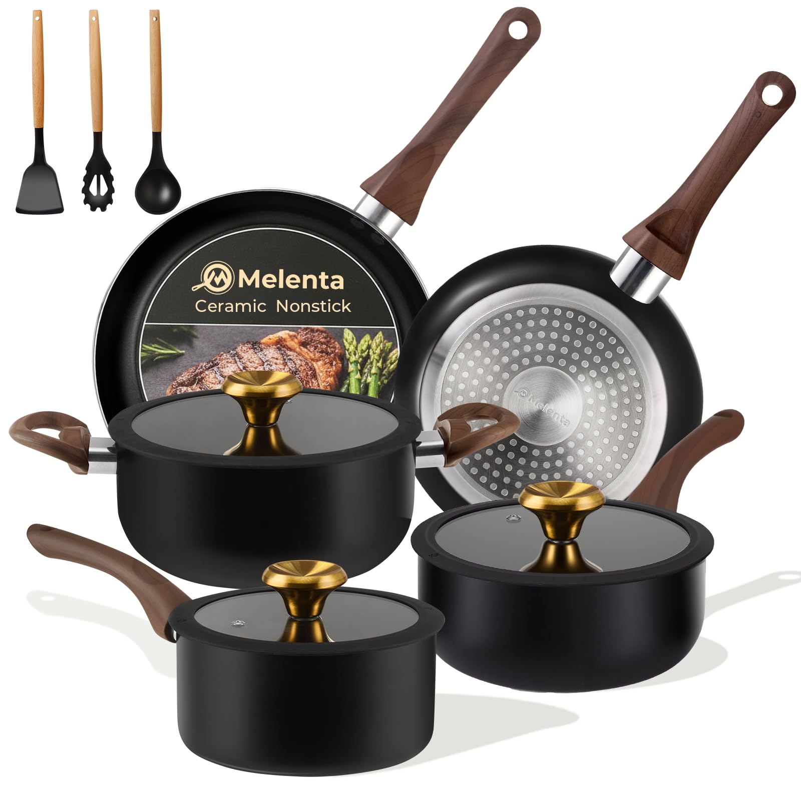 M MELENTA Pots and Pans Set Non Stick, 11-Piece Black Ceramic Cookware Set, Induction Hob Pan Set, Saucepan Set Non Stick with Lids, Non-Toxic, PFAS & PFOA Free