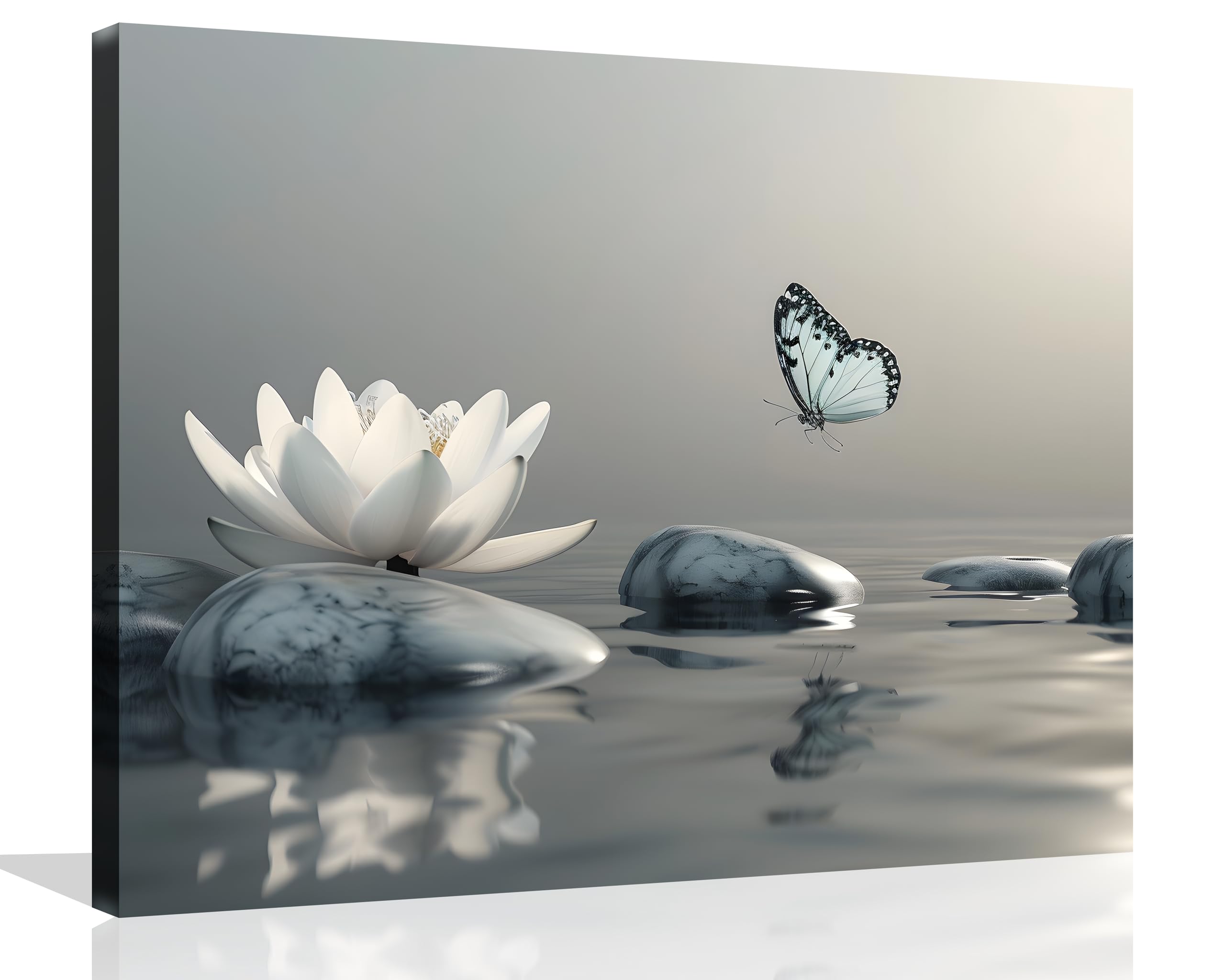 OWNANRTHM Zen Canvas Wall Art Lotus Bathroom Painting Lotus and Butterfly on Lake Pictures Large Butterfly Zen Poster for Yoga Spa Meditation Spirit