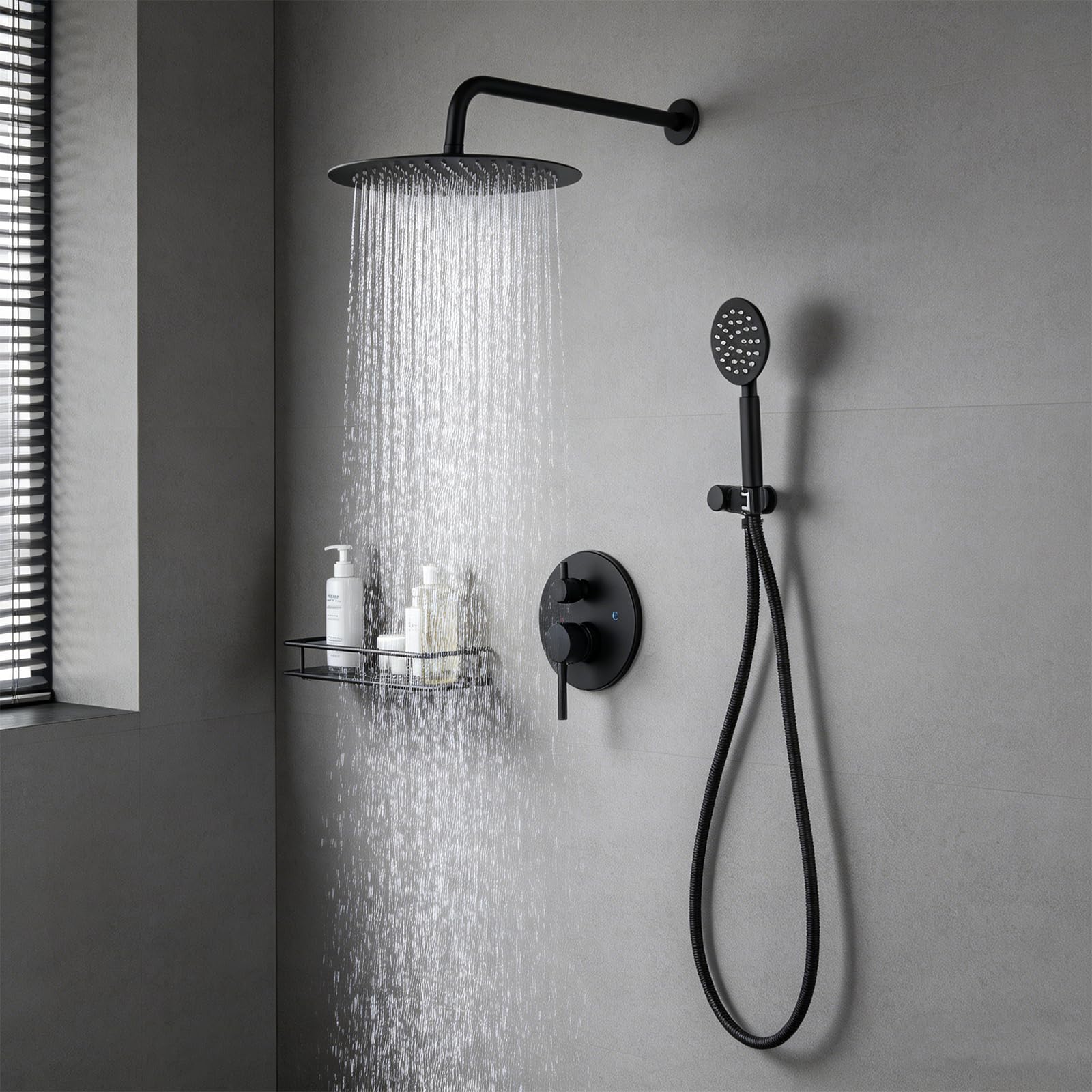 Sistema doccia, rubinetto doccia, doccia a pioggia, 30 cm, nero, montaggio | Doccia a pioggia da 30 cm, braccio doccia da 40 cm, doccetta, tubo, montaggio a parete, ottone/acciaio inox, nero