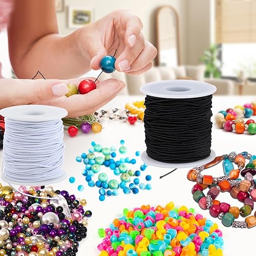 Miniatura 5 de Cuerda elástica para pulsera, 2 rollos de cuerda elástica de 0.059 in para pulseras, joyería, collares, cuentas y manualidades (negro y blanco)