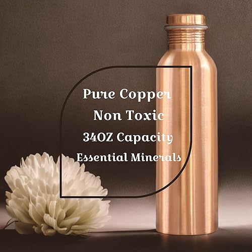 Miniatura 5 de Botella de agua de cobre puro, 34 onzas, mantente hidratado y disfruta de los beneficios ayurvédicos, diseño a prueba de fugas, acabado suave,
