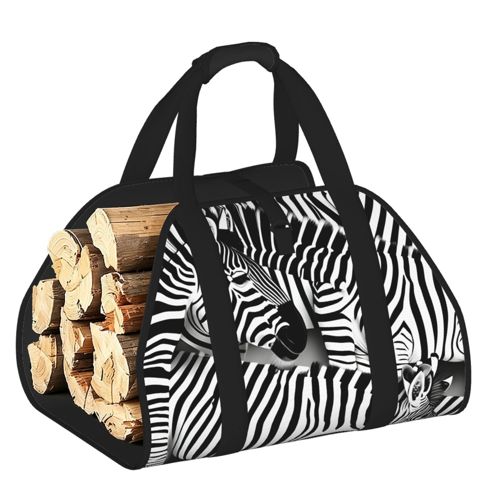 Zebra Printed Firewood Carrier Bag, Log Tote with Open-Ended Design for Camping Outdoor Wood Hauling
