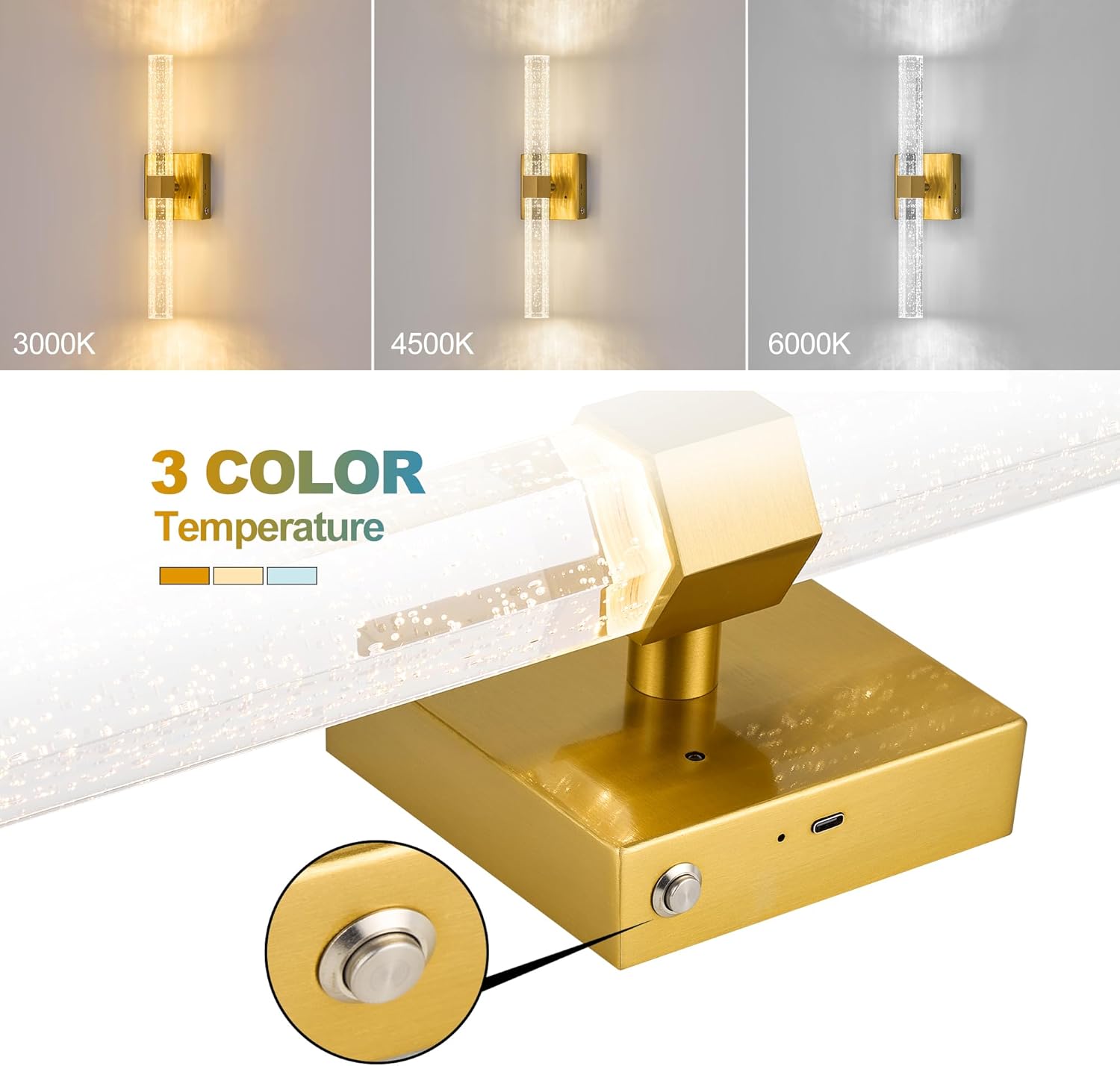 8000mAh Rechargeable Wall Sconce with Remote Control, 22 Inch Gold 3000K/4500K/6000K Battery Operated Wall Sconce Set of 2 with Timer, Crystal Bubble Wireless Wall Lights for Living Room Bedroom