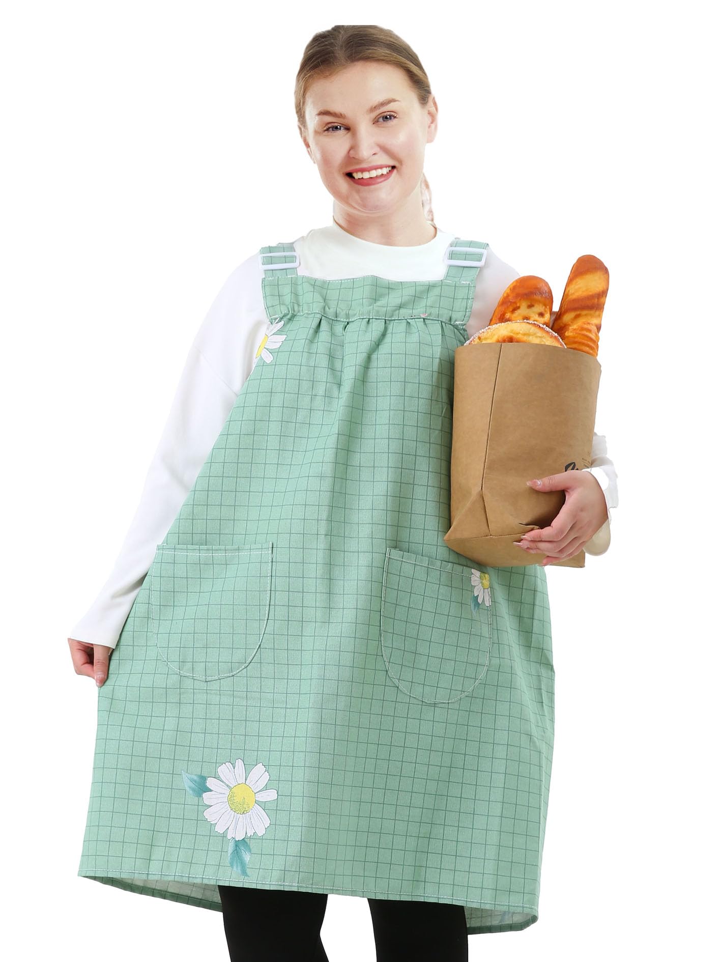 Apronner Unisex Daisy No Ties Plus Size Aprons For Women With Pockets Cotton Linen Baking Kitchen Cooking, More Size