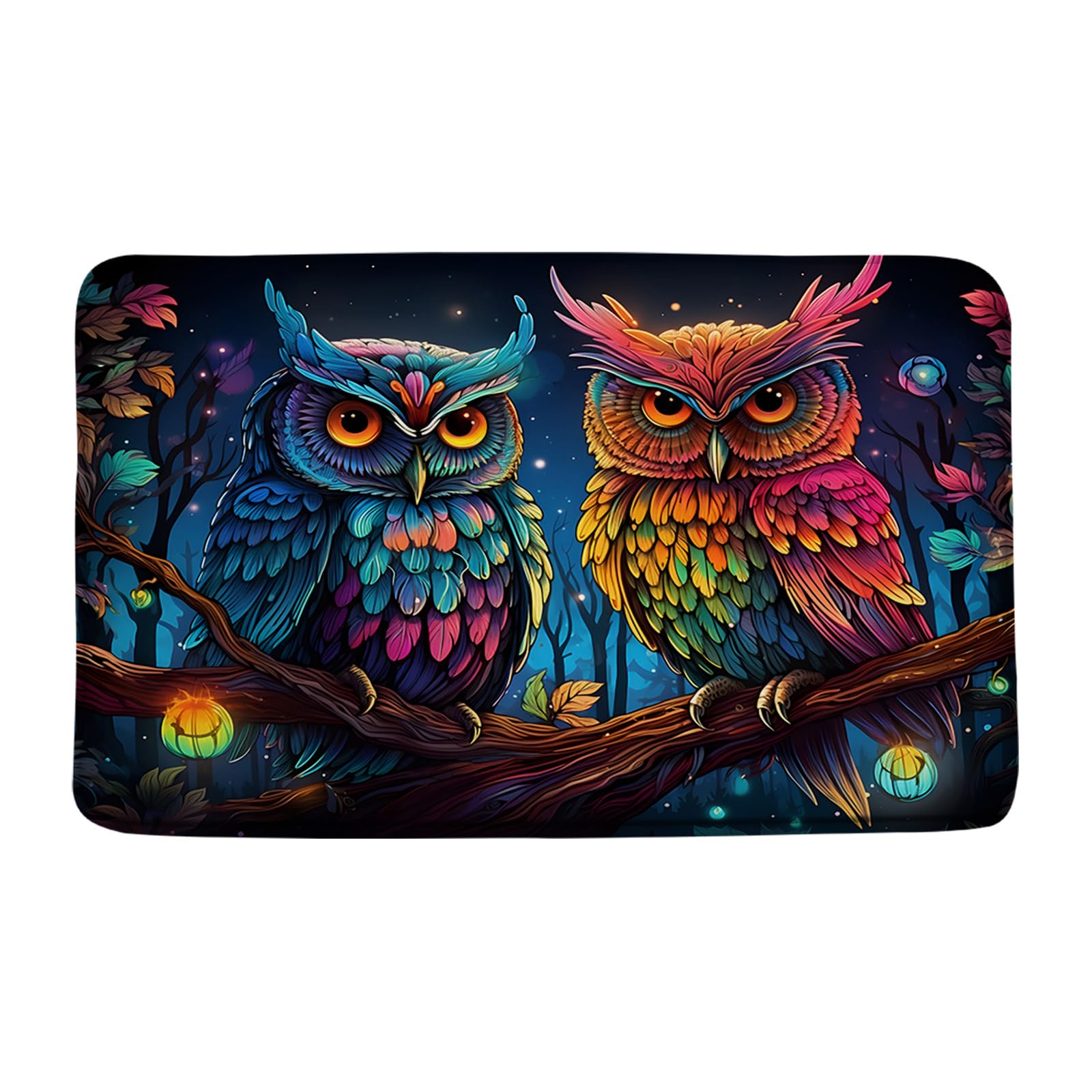 Colorful Owl Bath Mat Fantasy Forest Night Fairy Tale Forest Wildlife Soft Plush Memory Foam Bathroom Living Room Bedroom Rugs(16x24 Inch)