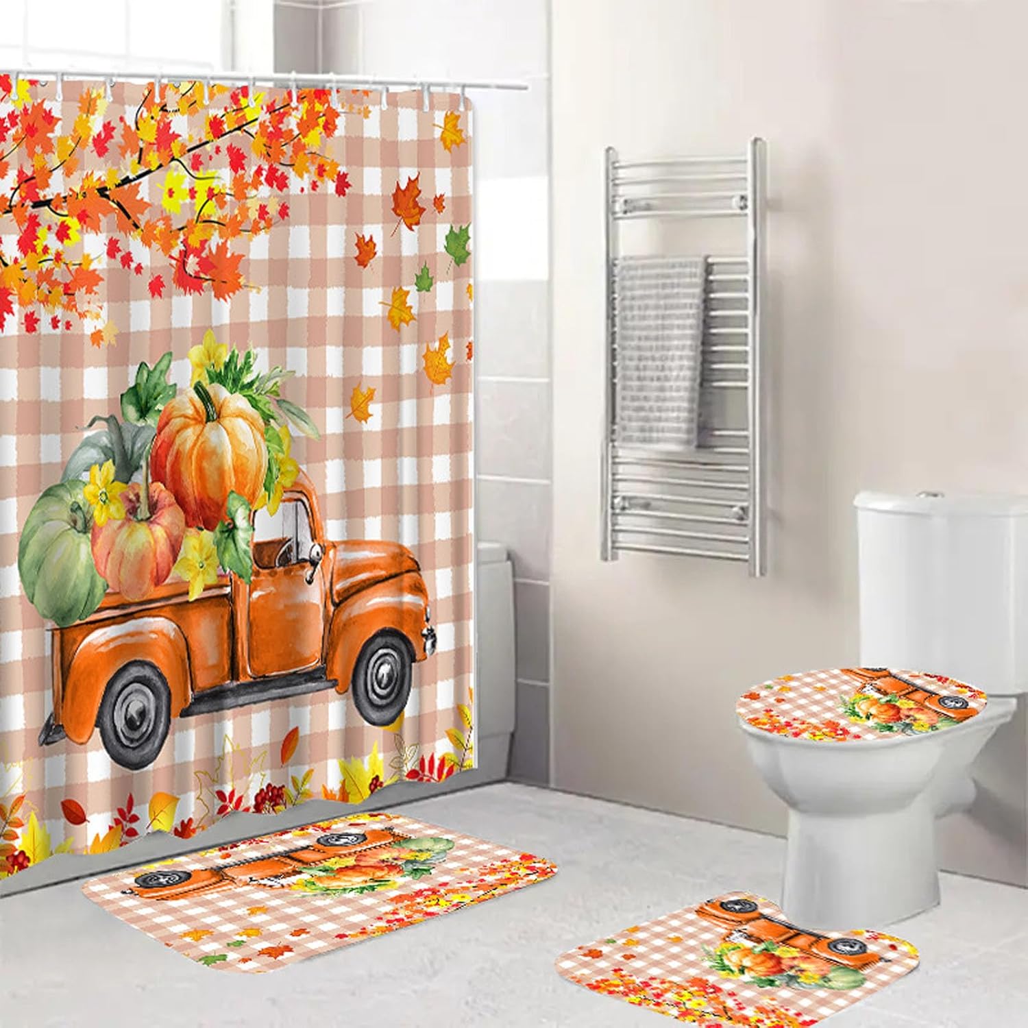 4Pcs Christmas Shower Curtain Set with Non Slip Rug, Bath Mat and Toilet Cover, Merry Christmas Santa Claus Gifts Waterproof Shower Curtain with 12 Hooks for Bathroom Accessories (Xmas 07)