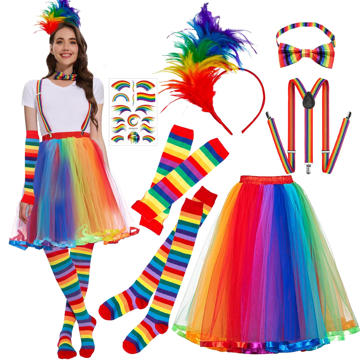 Gonna a tutù Arcobaleno da Donna,Tutu Arcobaleno Capelli con Piume Arcobaleno,Accessori da Donna Abbigliamento Neon Anni '80 Set,Gonna Tulle Donna per Festival,Carnevali,Gay Pride
