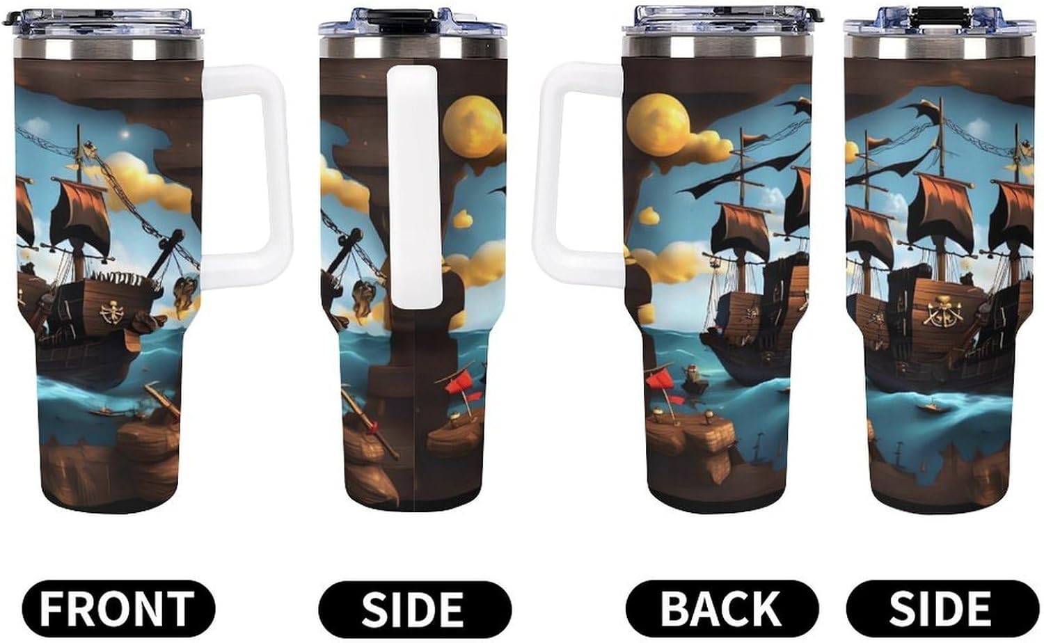 Cartoon Ship Travel Coffee Mug Reusable Durable Stainless Steel Insulated Tumbler with Handle And Straw Leak Resistant Portable Thermal Cup Gifts for Men Women 40 Oz