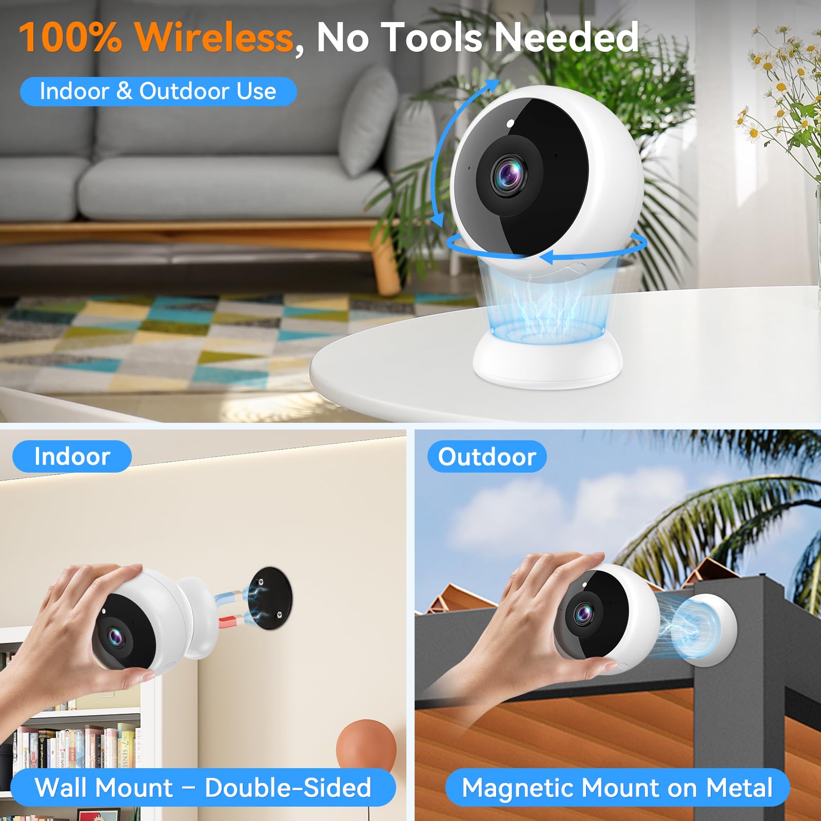 Thybro Telecamera di sicurezza magnetica wireless, video HD 2K, rilevamento del movimento AI, alimentazione a batteria, audio a 2 vie, visione notturna a colori IR, impermeabile, sorveglianza esterna