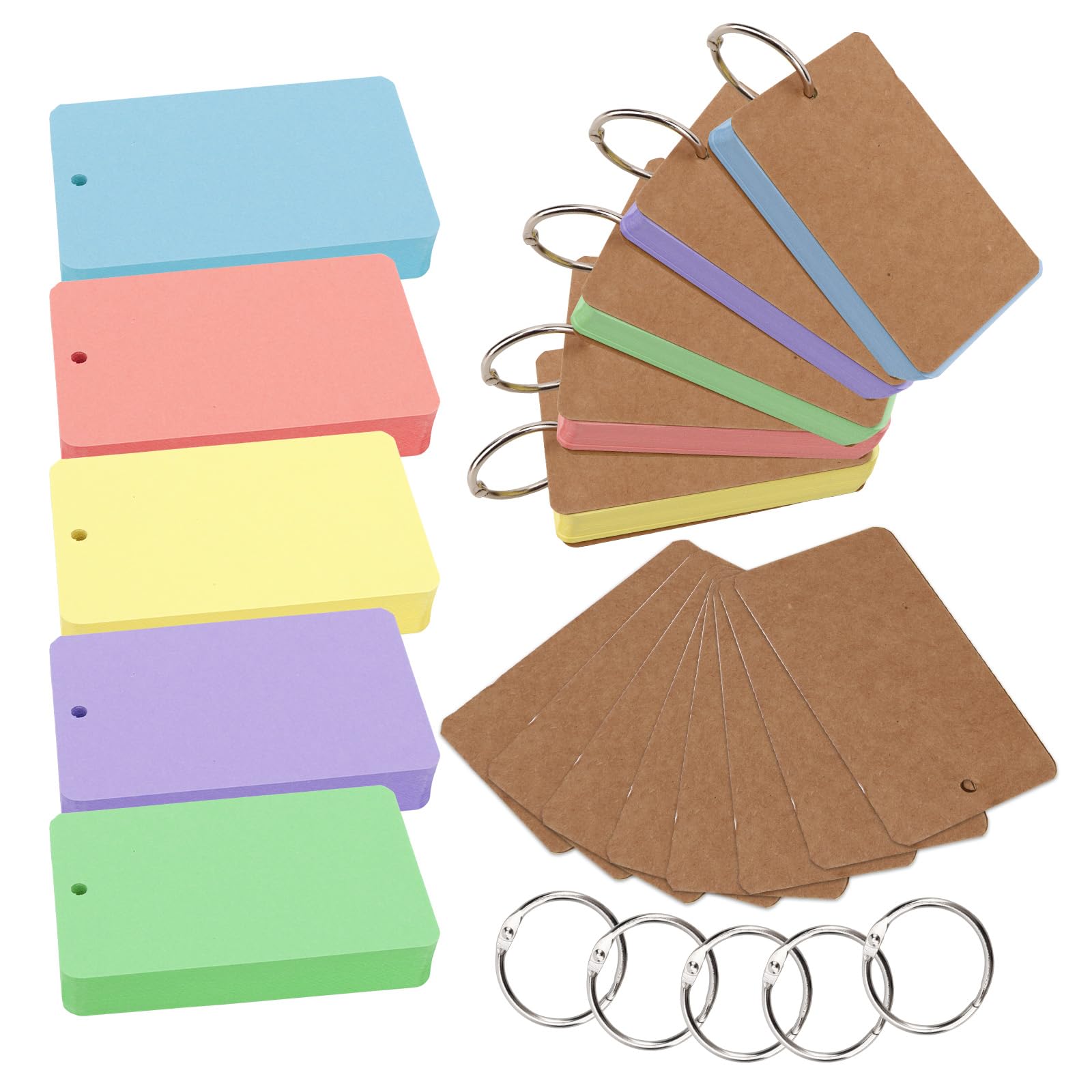 Padorul 5 Pack Colored Index Cards with Metal Rings, Portable Blank Flashcards for Study, Office Memos, Gift Tags, and Daily Task Management