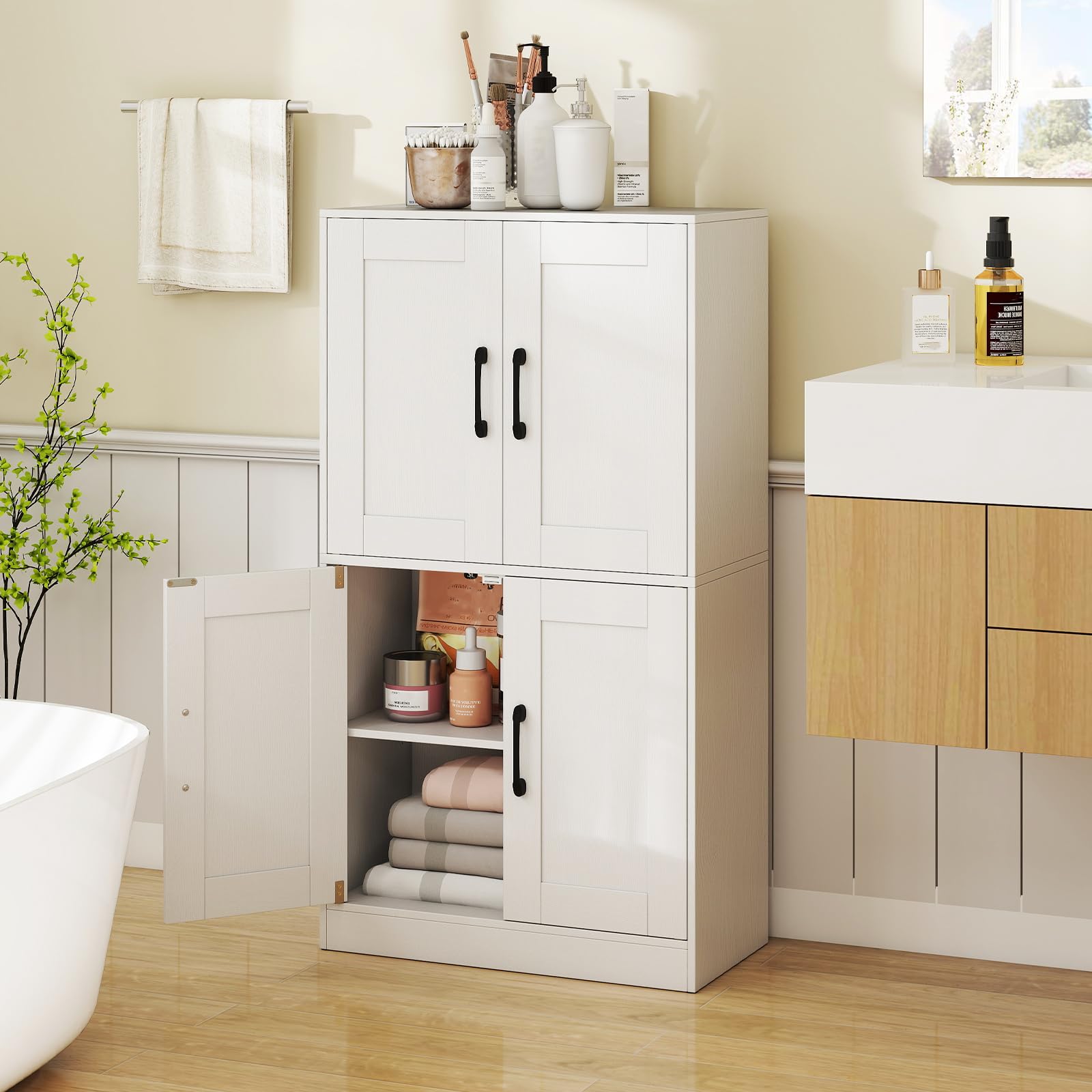 COSTWAY Armoire de Salle de Bain, Meuble de Rangement avec 4 Portes, Placard de Cuisine Étagères Réglables, Armoire de Rangement pour Salon, Bureau, Chambre, 30 x 60 x 110 cm (Blanc)