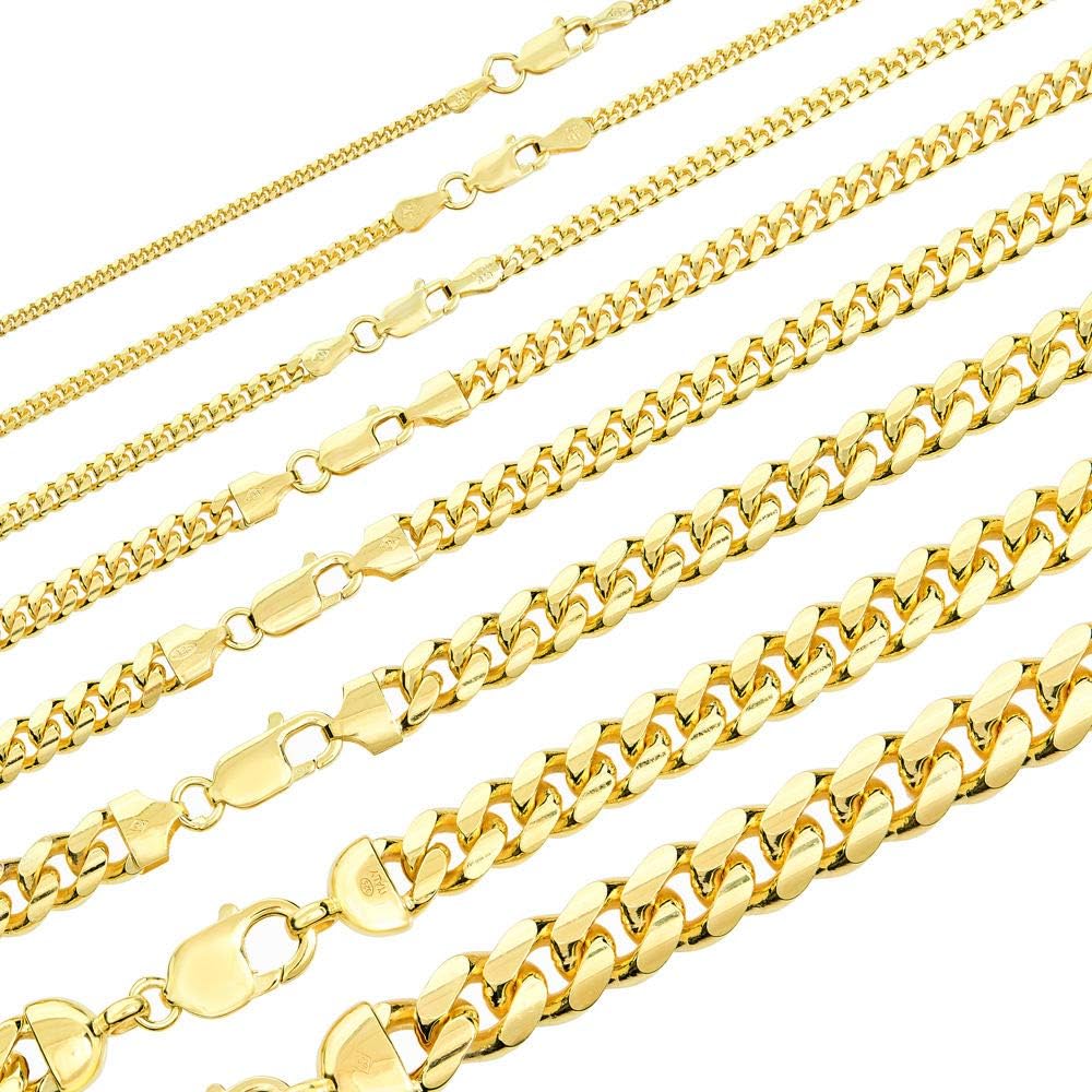 Solid 925 Sterling Silver Miami Cuban Link Chain - 14k Gold Plated - 2-12mm 18-30"- Great Men's Or Ladies Heavy Necklace For Pendants - Italy Made