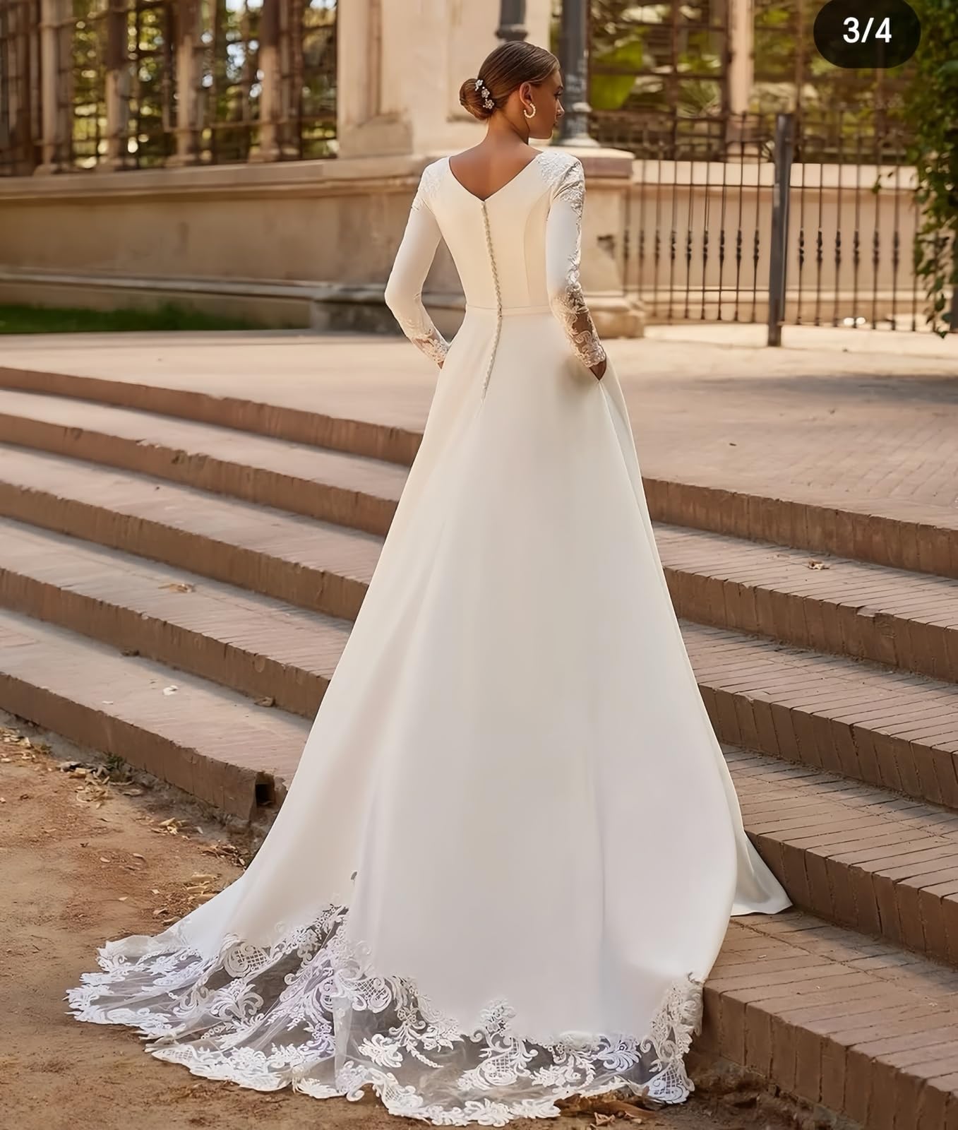 TSxuelian Abiti da sposa a maniche lunghe in raso Applique in pizzo Un abito da sposa linea