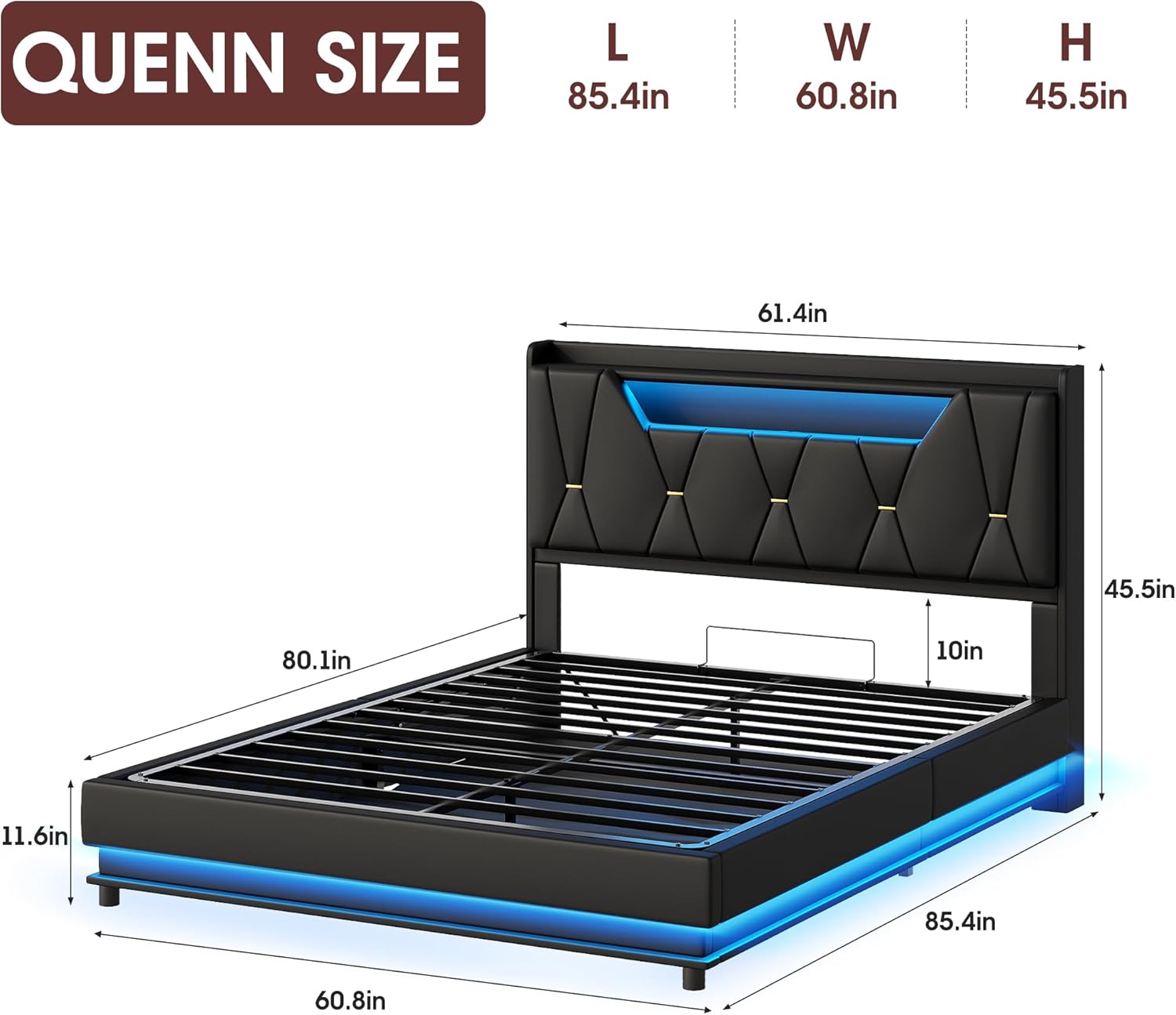 Vabches Queen Size Lift Up Storage Bed Frame, Storage Headboard, Charging Station, LED Lights Upholstered Platform Bed, No Box Spring Needed, Noise-Free, Black