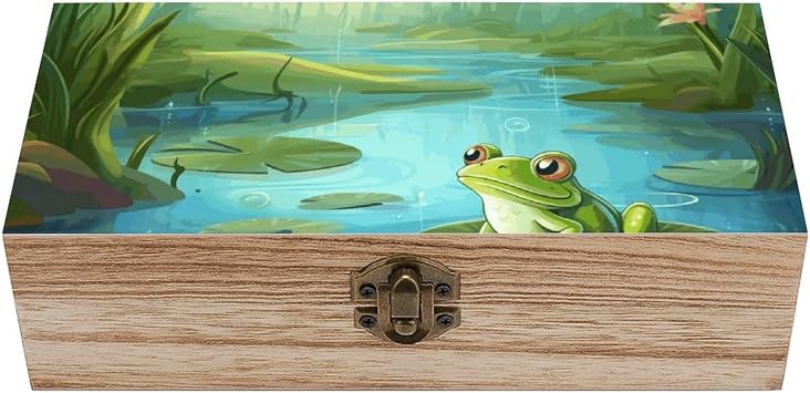 Wooden Storage Box Vintage Wooden Jewelry Box with Hinged Lid - Frog in A Pond Natural Wood Keepsake Storage Boxes, Decorative Rustic Organizer for Home Decor, Crafts, Rings, Gifts