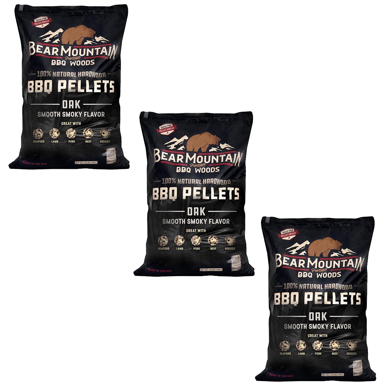 Bear Mountain BBQ Premium All Natural Hardwood Red and White Oak Wood Chip Pellets for Outdoor Gas, Charcoal, and Electric Grills, 20 Pounds (3 Pack)