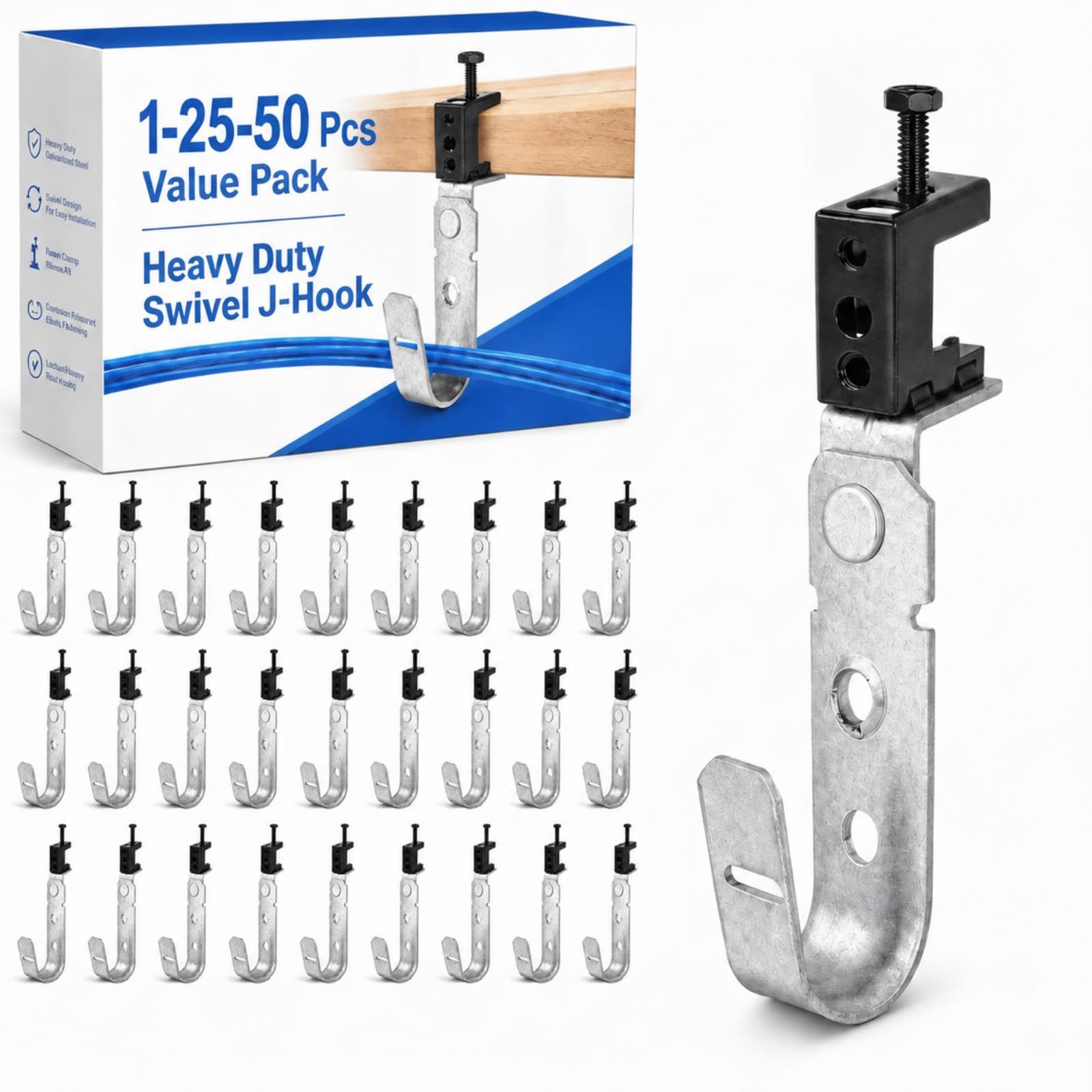 1 Pcs 1-5/16" Cable Support J Hook with Beam Clam J Hook Hanging Cable