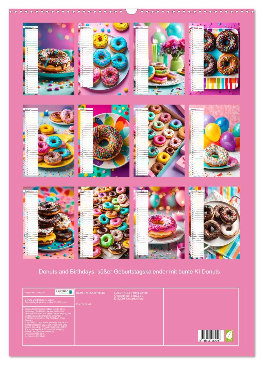 Donuts and Birthdays, süßer Geburtstagskalender mit bunte KI Donuts (Wandkalender 2026 DIN A2 hoch), CALVENDO Monatskalender: Süße Geburtstage. Ein Jahr voller bunter Donuts. (CALVENDO Lifestyle)