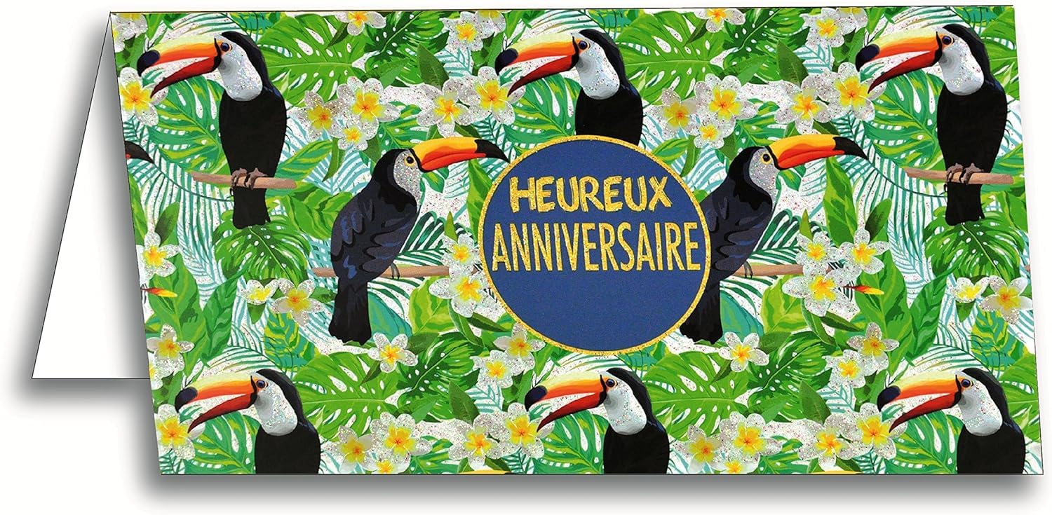 afie 69-4202 Happy Birthday Card Glitter Toucan Bird Tiare Flower Tahiti Islands Floral Leaf Palm Tree Jungle Forest Nature Tropical Exotic Summer Branch Glossy Wood Summer Fresh Summer