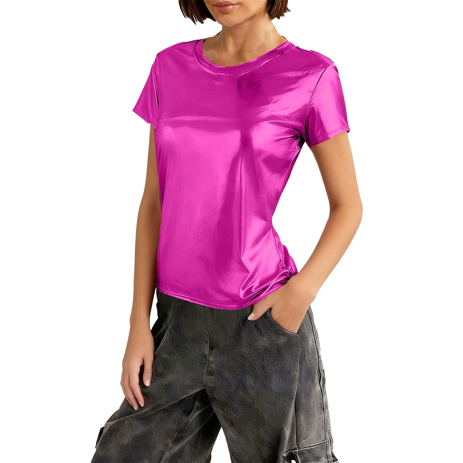 Silver Metallic Look Tops Women Glitter Space Alien Costume 80s Style Party Dance Disco Carnival Blouse Shiny Holographic Tunic Fitted Short Sleeve Tops Festival Hip-Hop Disco Club Clothing โ image 1