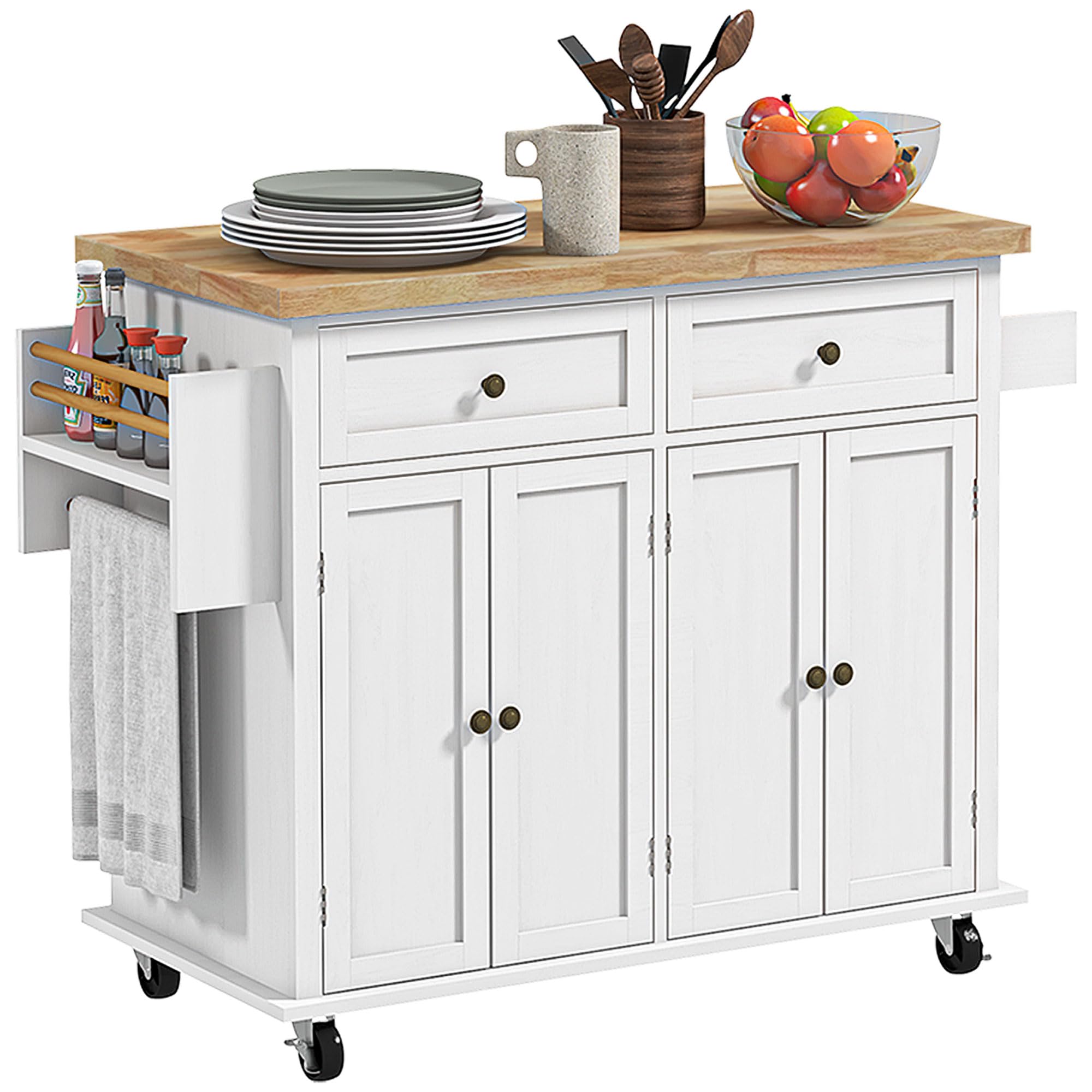 Homcom White Rolling Kitchen Island Cart With Rubber Wood Top, Spices In