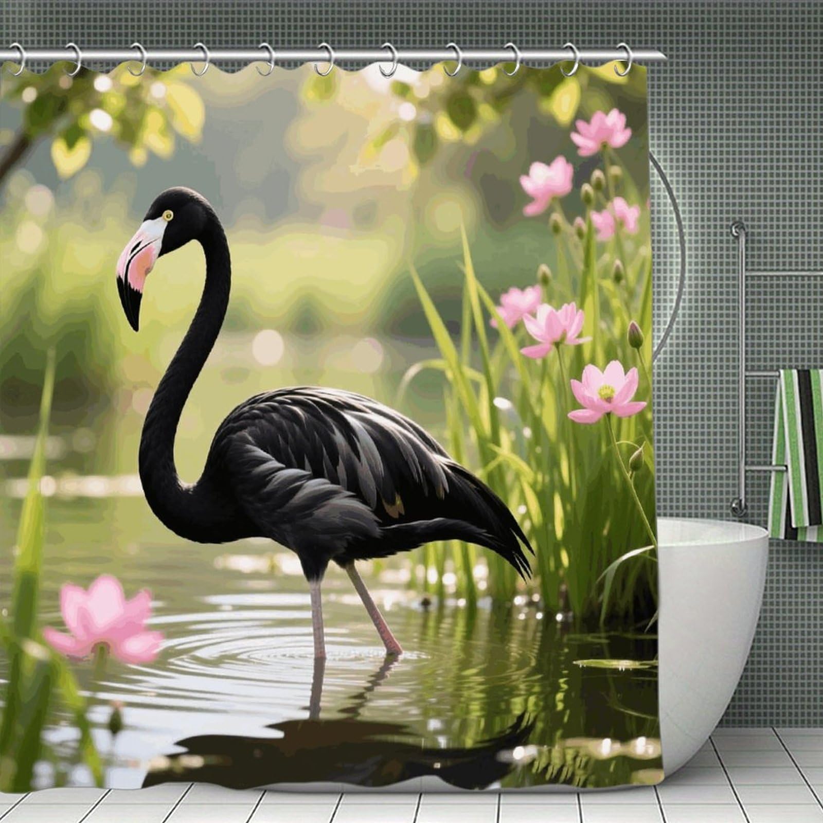 VstaDank Black Flamingo Shower Curtain Light-Weight Blackout Bathroom Curtain Washable Shower Liner 71x71 Inch Bath Curtain with Metal Holes Bathtub Bath Room