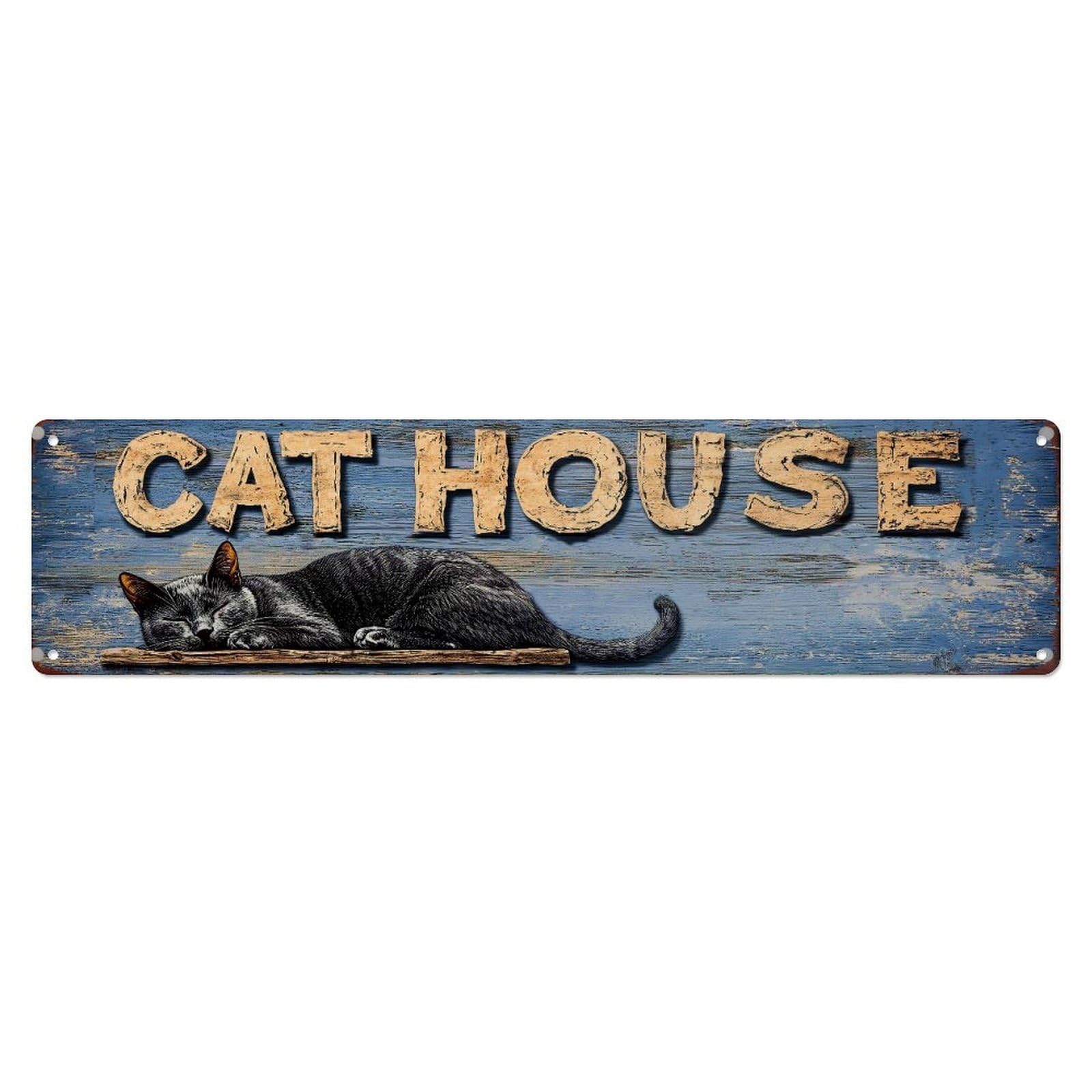 Cat House Sign With Sleeping Cat Metal Tin Sign Plaque