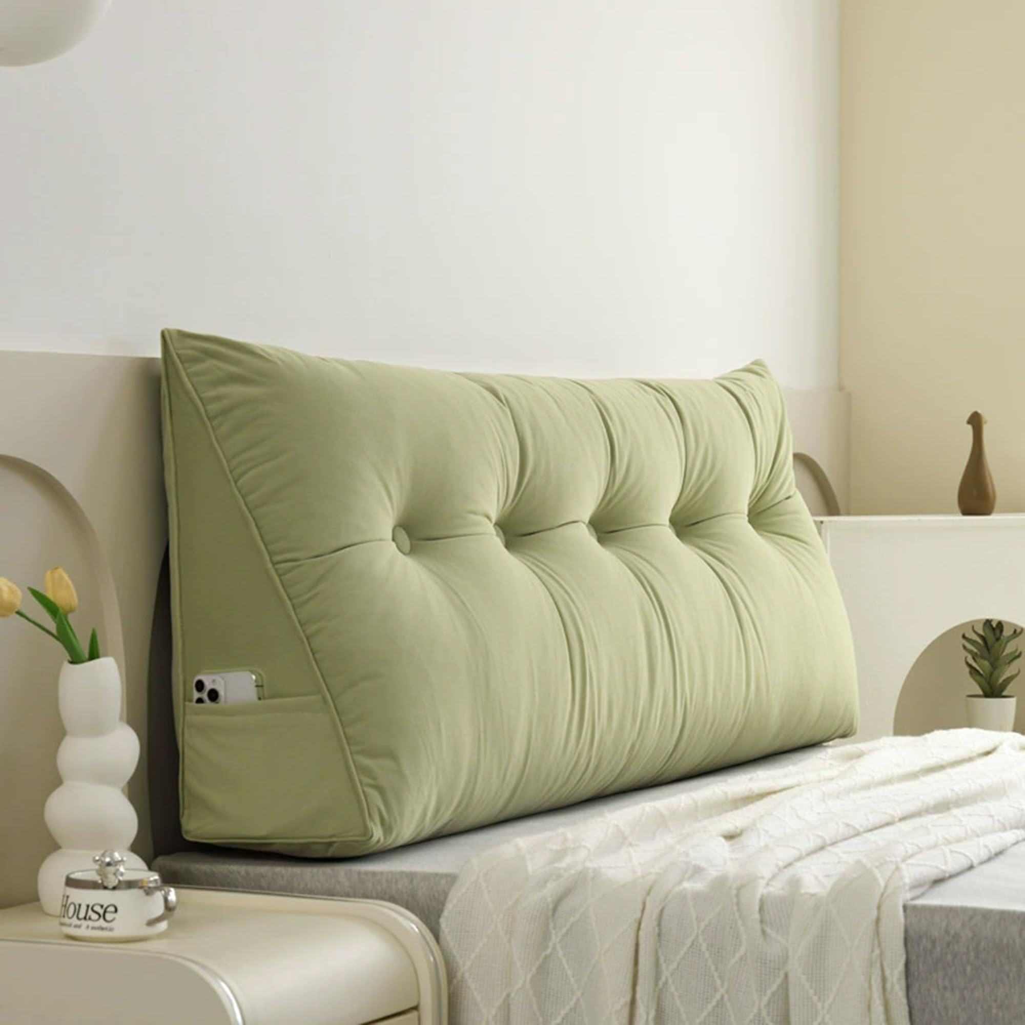 Hruile Triangular Backrest Reading Pillow, Ergonomic Lumbar Support Cushion for Backrest, Wedge Headboard Pillow, Double Single Bed Back Cushion with Removable Cover (60x50x20cm,Green)