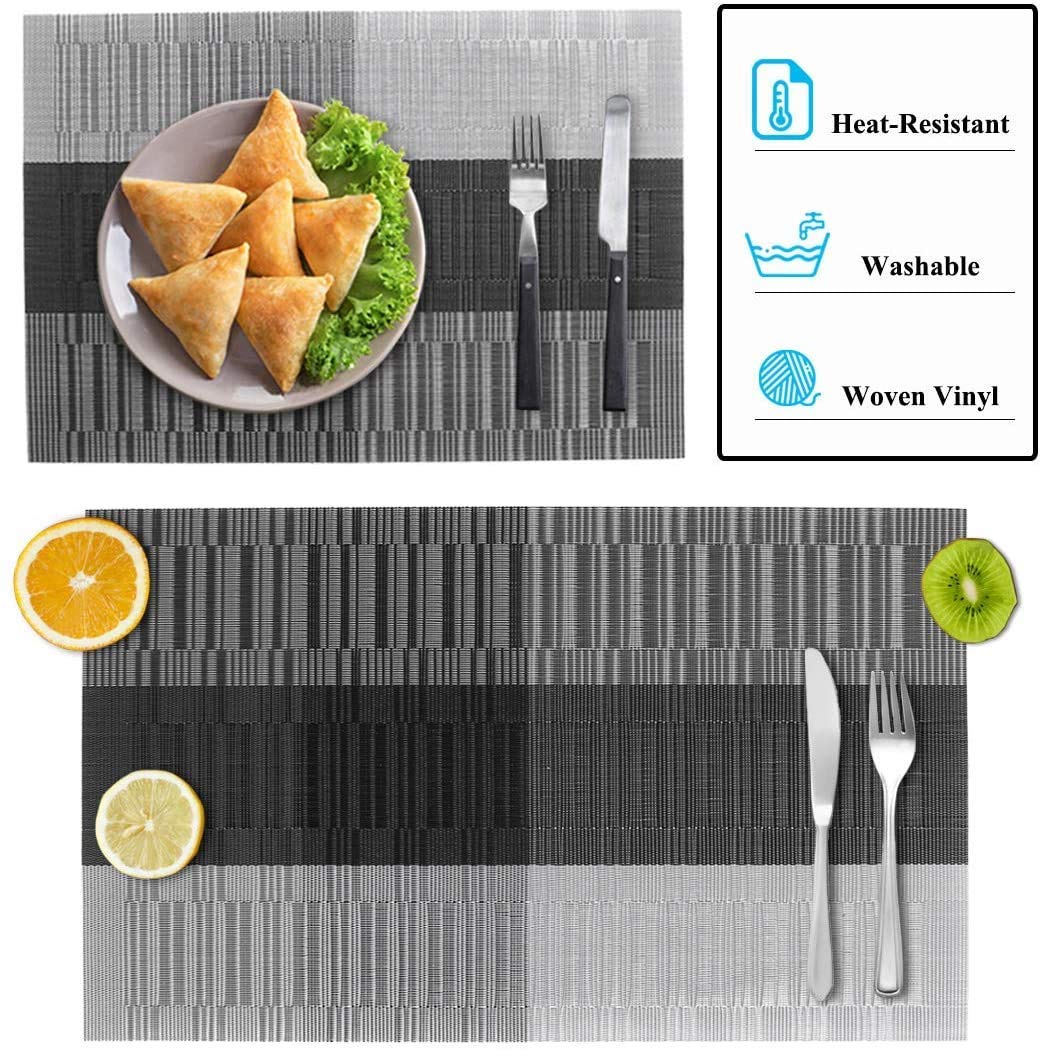Cartxomy New Placemats for Dining Table, Washable Heat-Resistant Table Mats, Stain Resistant Woven Vinyl Place Mats Placemats (Black and Silver, 12) 1