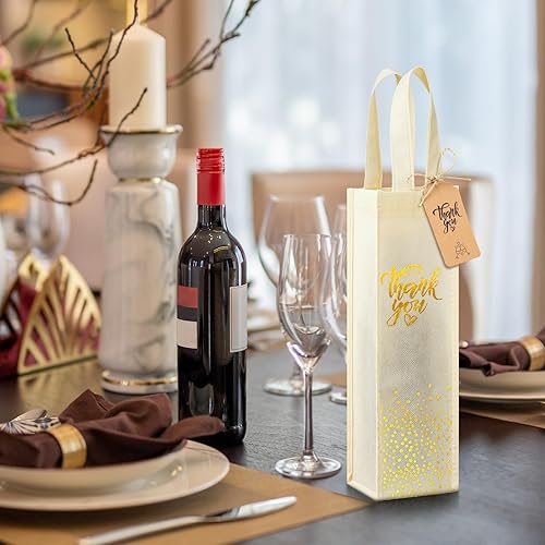 Miniatura 3 de Windyun 24 bolsas de regalo de vino a granel, bolsas de regalo de vino no tejidas con etiquetas impresas de agradecimiento y cuerda, bolsa