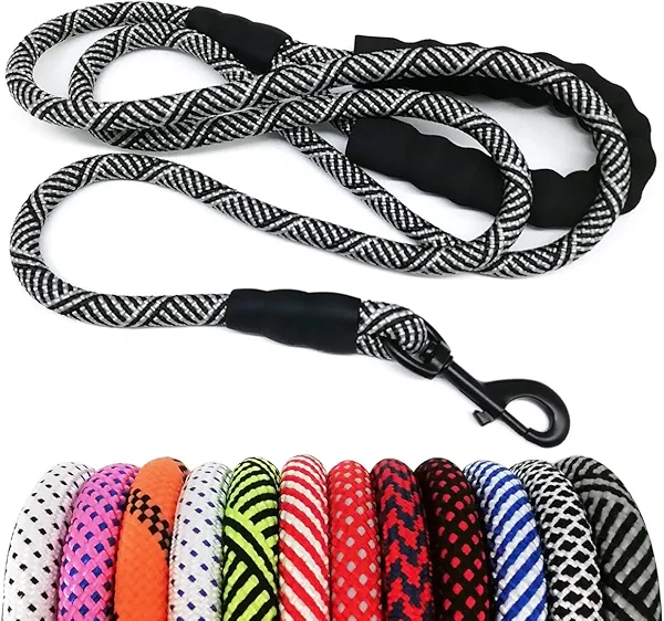 MayPaw Heavy Duty Rope Dog Leash, 3/4/5/6/7/8/10/12/15/20 FT Nylon Pet Leash, Soft Padded Handle Thick Lead for Large Medium Dogs(10'*1/2",Black)