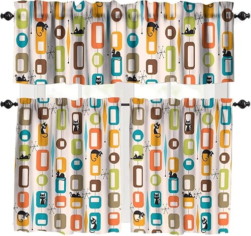 Miniatura 24 de Cortinas de cenefa de cocina de mediados de siglo, diseño geométrico abstracto de mediados de siglo, retro, moderno, tratamiento de ventana pequeña