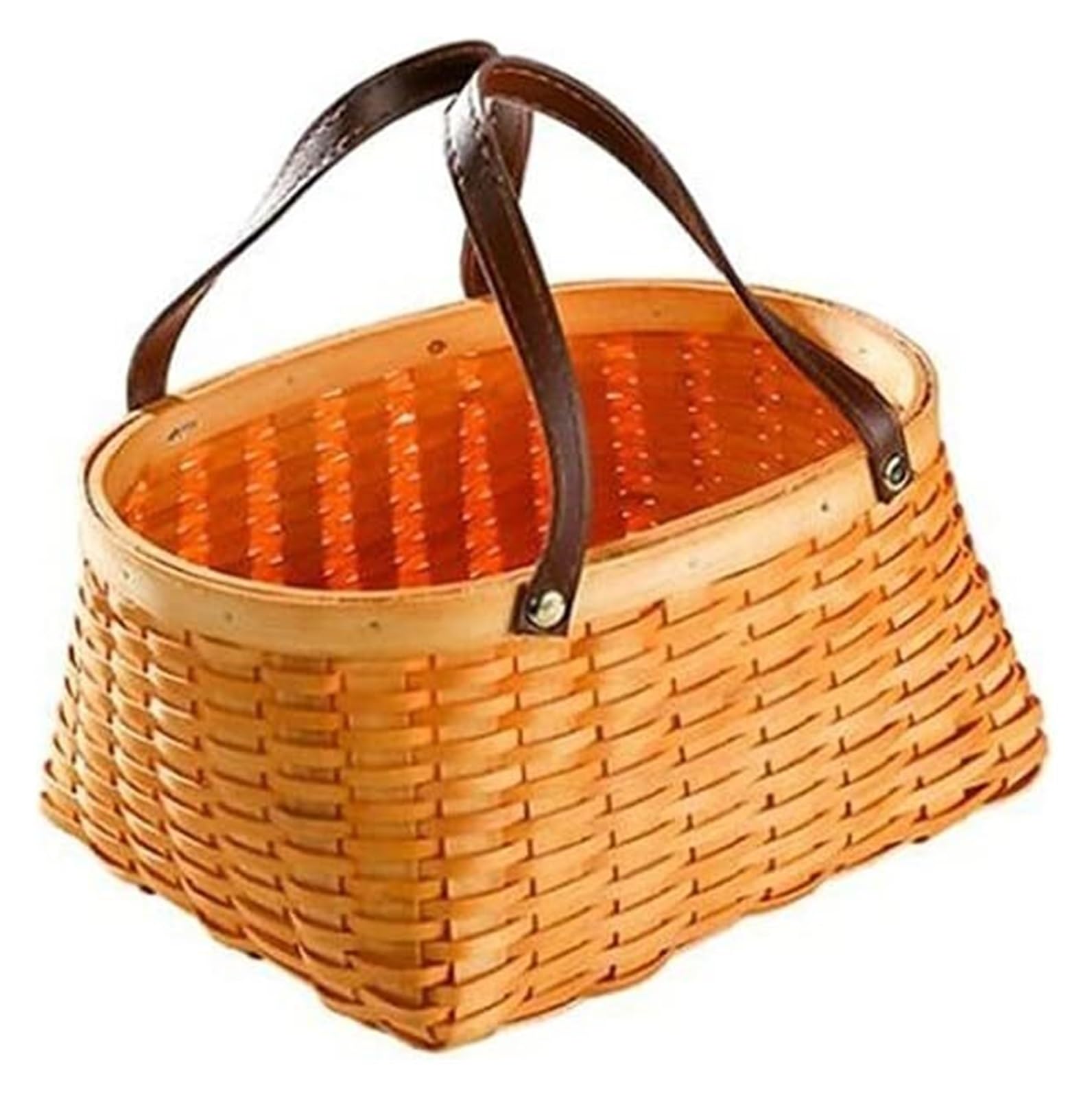 KanDuo Cestino da Picnic in Legno Intrecciato con Manico in Pelle – Cesto portaoggetti in Vimini e Paglia for Campeggio, pranzi all'aperto e Picnic(24 * 19CM)