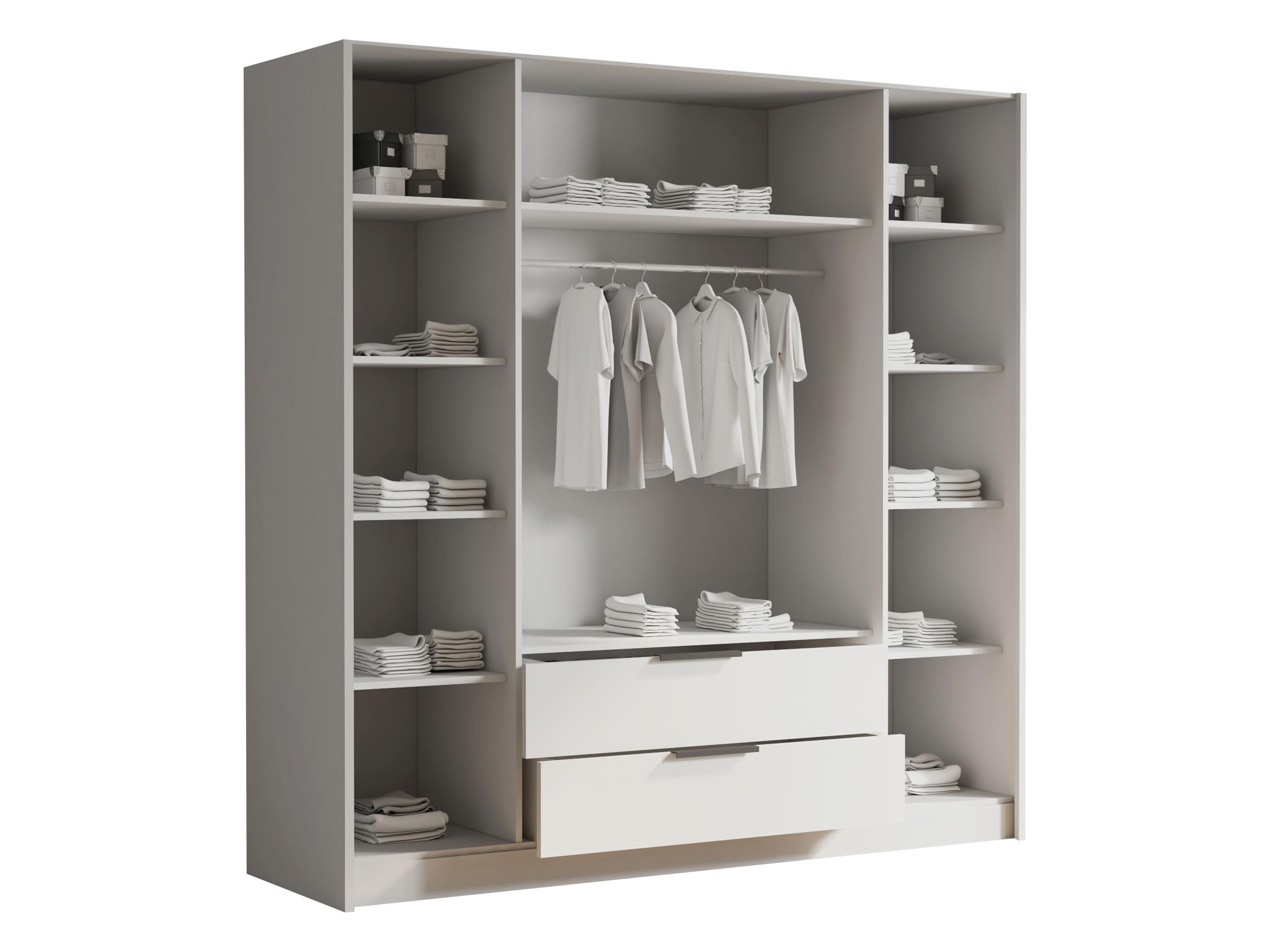 Mirjan24 Kleiderschrank mit Spiegel Sozor II 200, Schrank, Garderobe, Organizer, 4-türig, 2 Schubladen für mehr Stauraum, Aluminiumgriffe, gedämpftem Schließsystem (Weiß/Weiß Hochglanz + Schwarz)