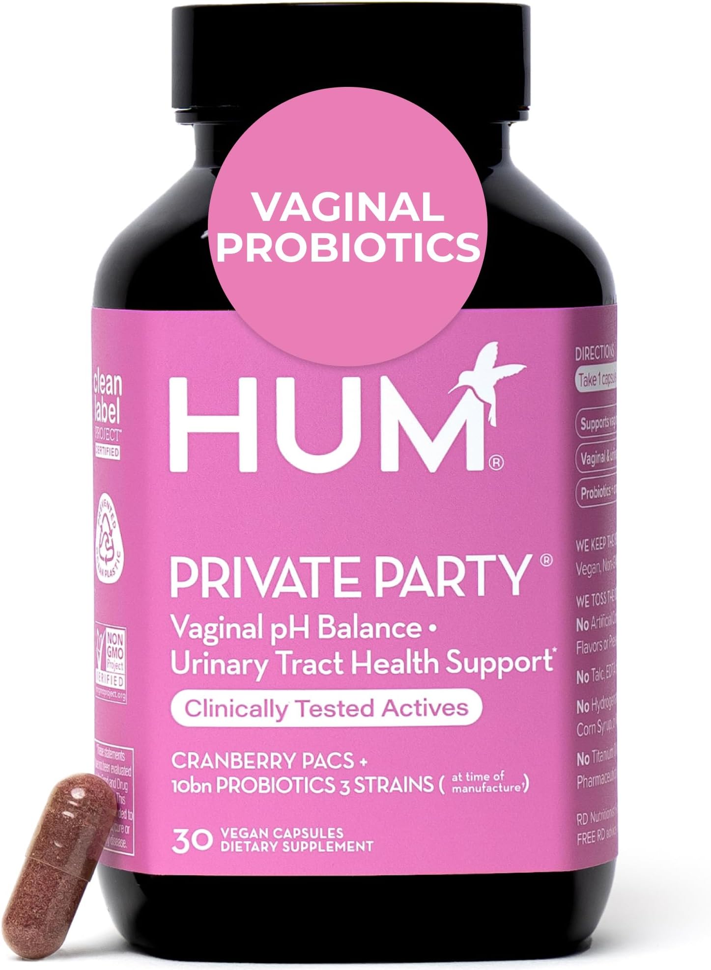 HUM Private Party Vaginal Probiotics for Women, pH Balance and Urinary Tract Support Vaginal Probiotic Supplement with Cranberry & Lactobacillus Blend, Women's Health Cranberry Pills, 30 Capsules