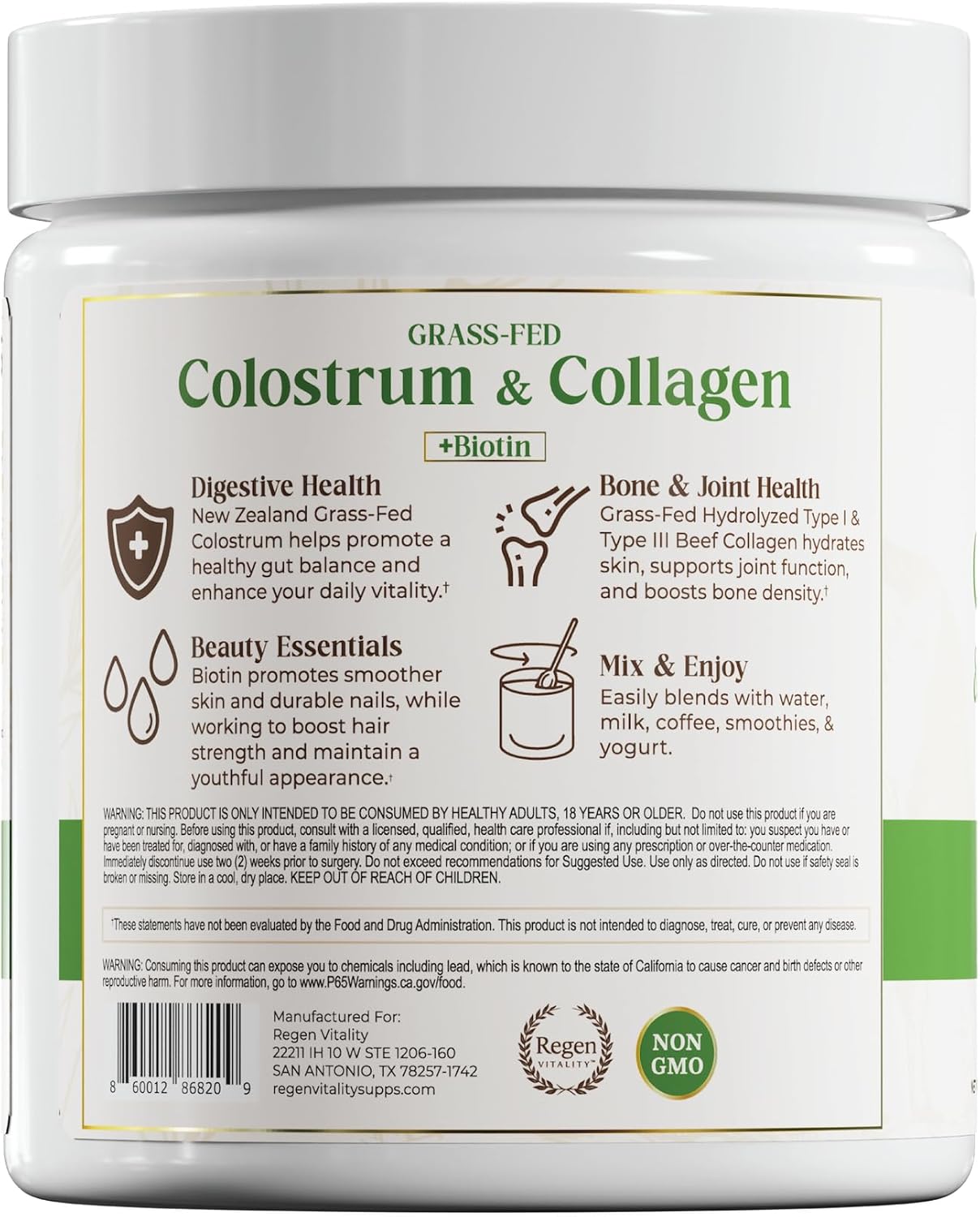 Grass-Fed Colostrum & Collagen Powder | Gut Health, Hair, Skin & Joint Support | New Zealand Bovine Colostrum, Hydrolyzed Collagen Peptides, 300mcg Biotin | Vanilla Bean | 28 Servings
