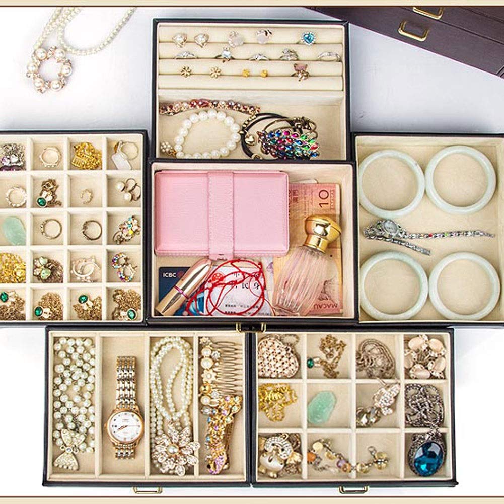 Joyero de Piel sintética con Seis Pisos, Estilo Princesa de Gran Capacidad con Espejo, Caja de Almacenamiento versátil para Joyas, joyero para Mujer (Color: Negro)