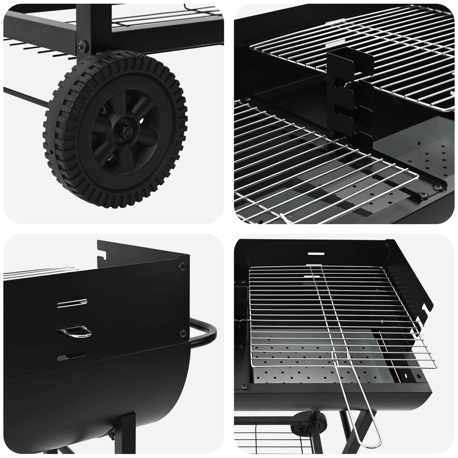 Barbacoa de carbón vegetal de acero aleado, 96,5 x 42,5 x 88,5 cm, color negro, con rejillas de altura ajustable, espacio para barbacoa y jardín