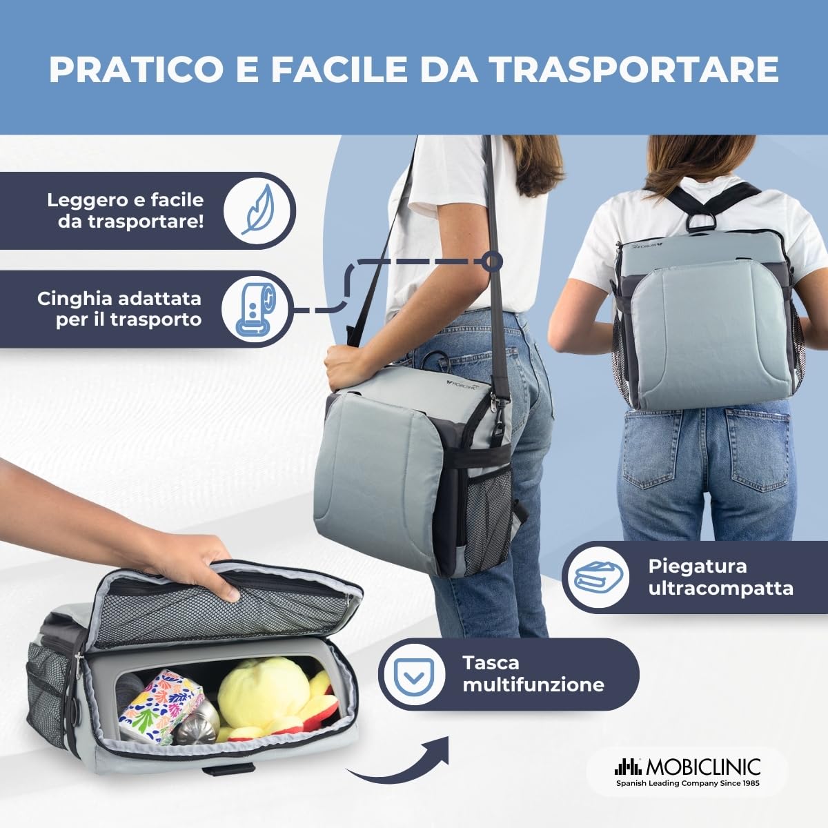 Mobiclinic® kids, Seggiolino portatile bambini, Seggiolone da viaggio, Monkey, 6 a 36 mesi, Fino 15kg, Pieghevole, Imbracatura regolabile 5 punti, Con portaoggetti, Grigio