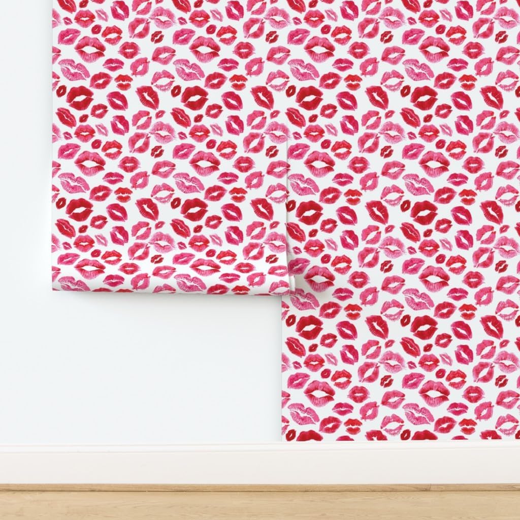 Spoonflower Peel & Stick Wallpaper 3ft x 2ft - Love Lips Red Valentine Beauty Lipstick Kisses Watercolor Valentines Day Girly Makeup Custom Removable Wallpaper