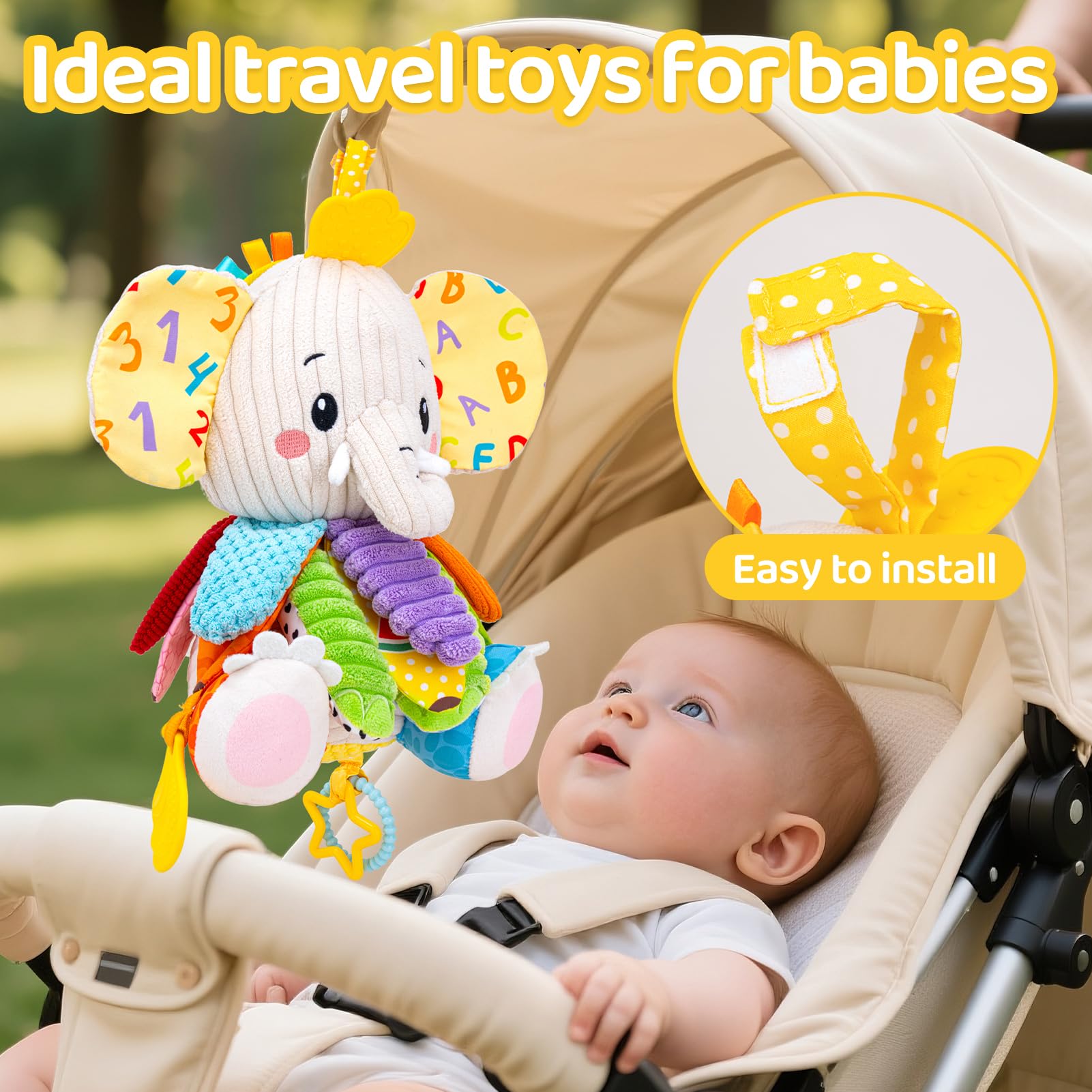 Baby Toys 3-6 Months, Musical Stuffed Elephant Toddler Toy for Newborn Infant 3 6 9 12 Months, Tummy Time Toys Montessori Sensory Toys 0-6 6-12 Months, Crinkle Paper, Mirror Soothing Music Shower Gift