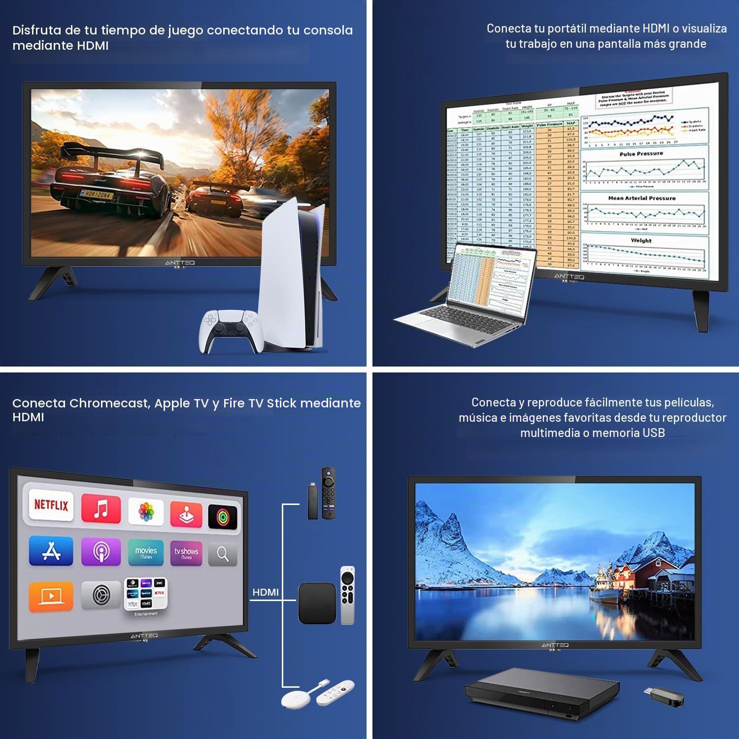 Antteq AB42D1 TV 42 Pulgadas (Televisores 106 cm), Dolby Audio, 2K D-LED, HDMI, USB, Salida de Audio Digital, Triple sintonizador DVB-C/T2/S2, Ci+, Incluido Modo Hotel