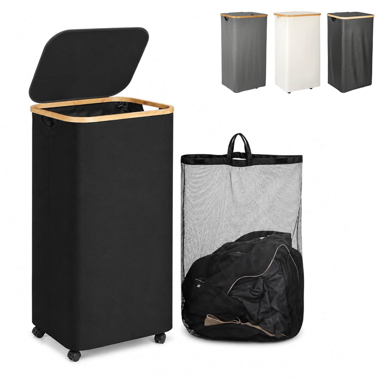 105L Wheeled Foldable Laundry Hamper with Lid Removable Liner Bag Black