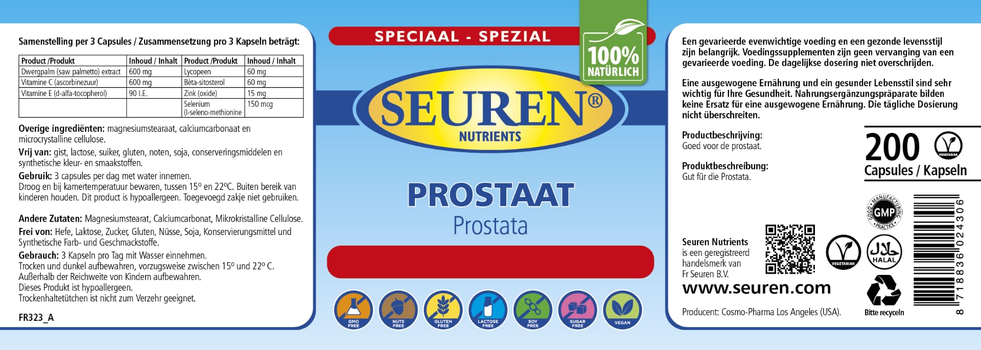 Seuren Nutrients Prostata Komplex Kapseln | Hochdosiert | Verbessert die Prostata Funktion | 200 Kapseln | 100% Natürlich