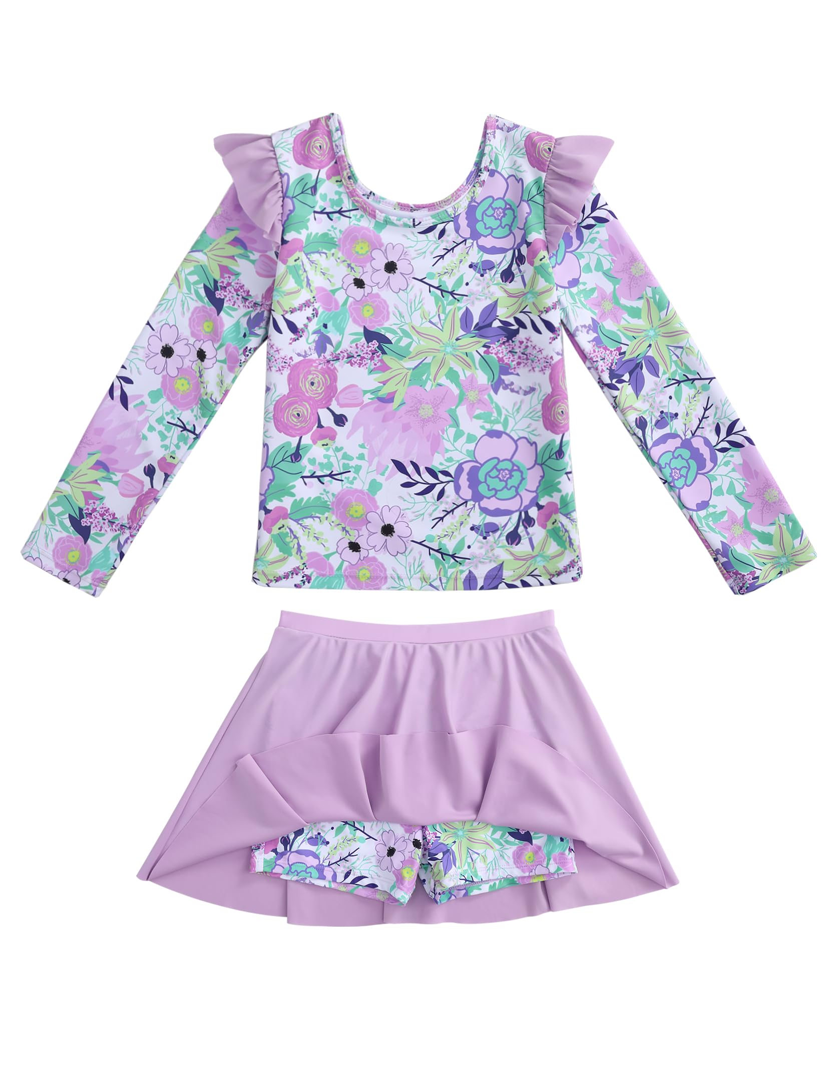 Girls Rash Guard Swimsuit Set Long Sleeve 2 Pieces Bathing Suit Swimming Skirt with Shorts 4-13Y
