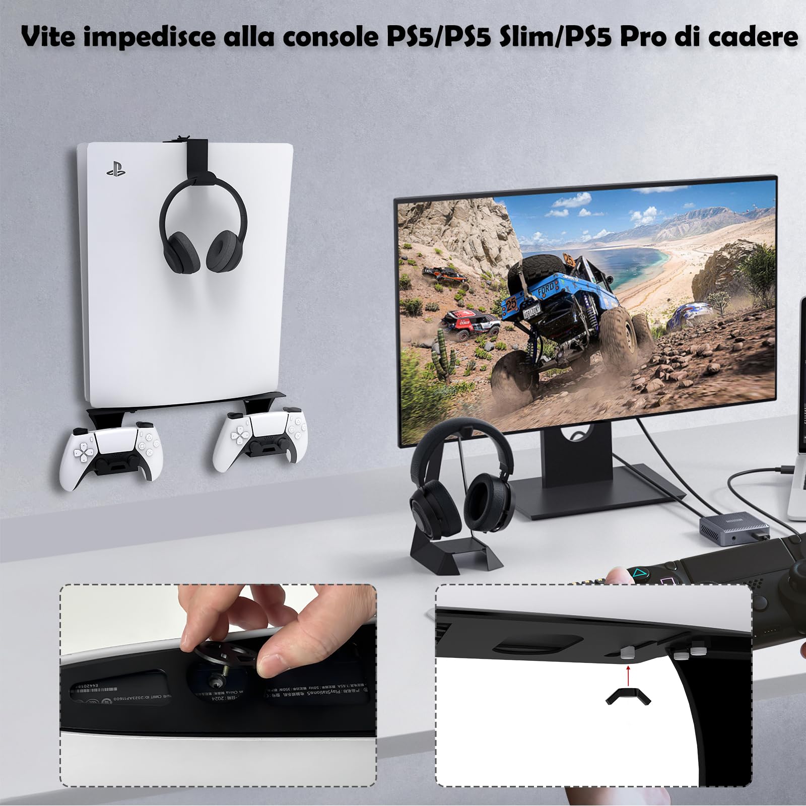 Supporto da parete per PS5/PS5 Slim/PS5 Pro con supporto per controller e supporto per cuffie, accessori in metallo solido per PS5 - Nero
