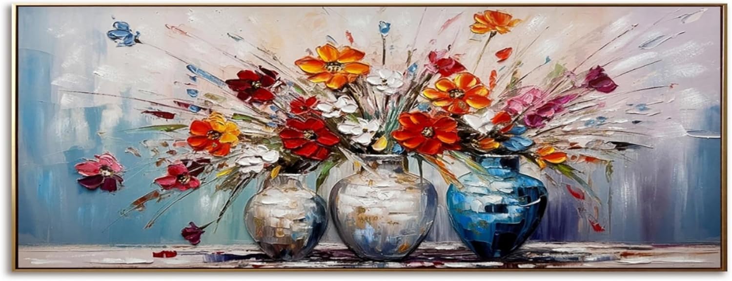 EAHunt Large Floral Canvas Wall Art with Gold Frame, 48x16 inches, Hand-Textured Colorful Flower Vases Painting for Living Room Bedroom