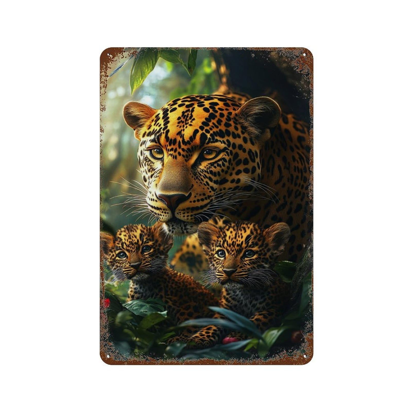 Leopard Family in Amazon Rainforest Retro Metal Sign 11.8"x7.9", Novelty Wall Decor for Garage, Pub Or Kitchen
